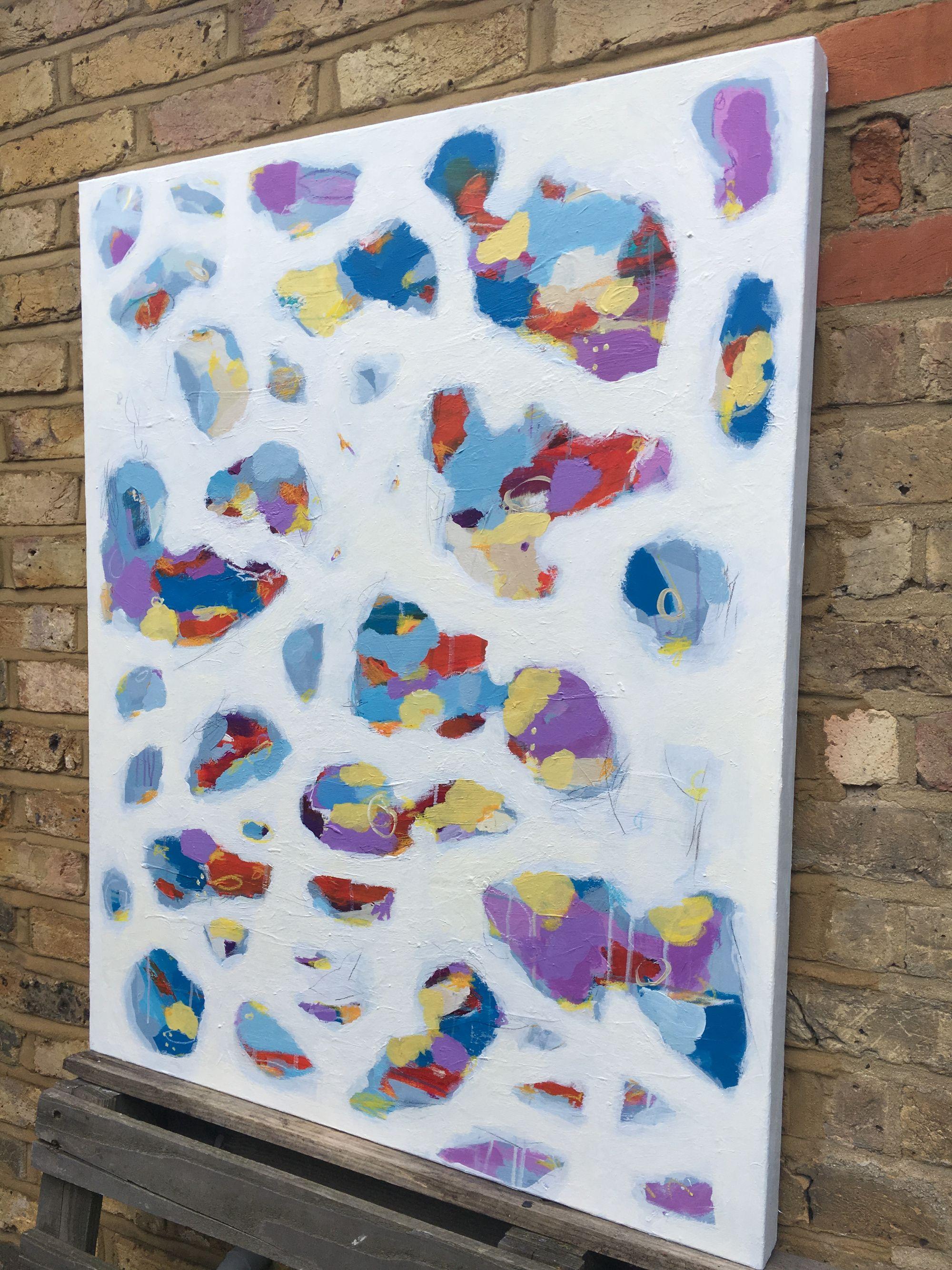 A dynamic, abstract painting inspired by Elizabeth's Bishop's poem 'I am in need of Music', with the idea of sounds floating through the air. The painting was carefully built over many layers and washes of paint. Lovely, pastel colours lend warmth