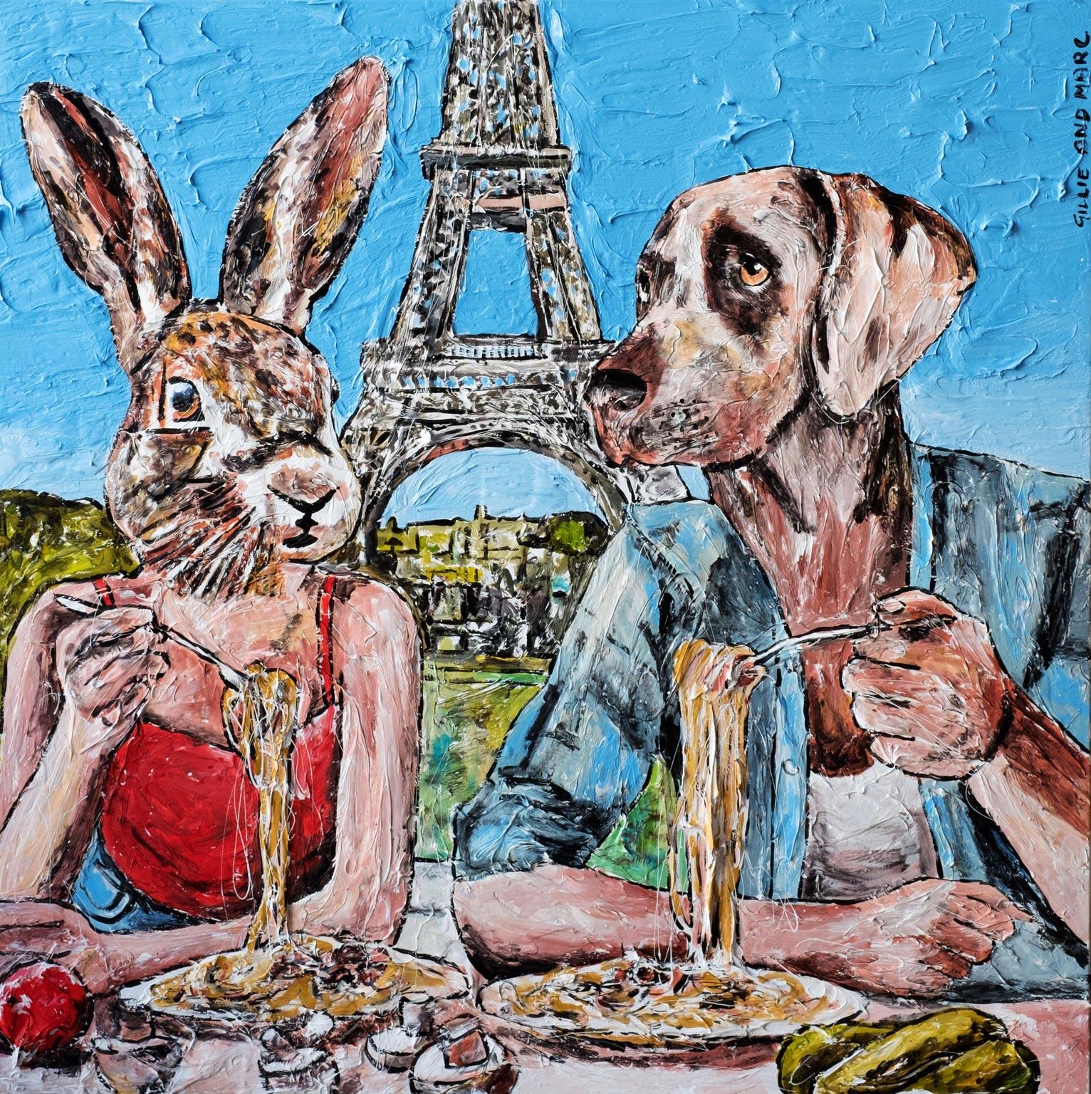 Gillie and Marc Schattner Figurative Print - Animal Painting Print - Gillie and Marc - Limited Edition - Art - eating pasta 