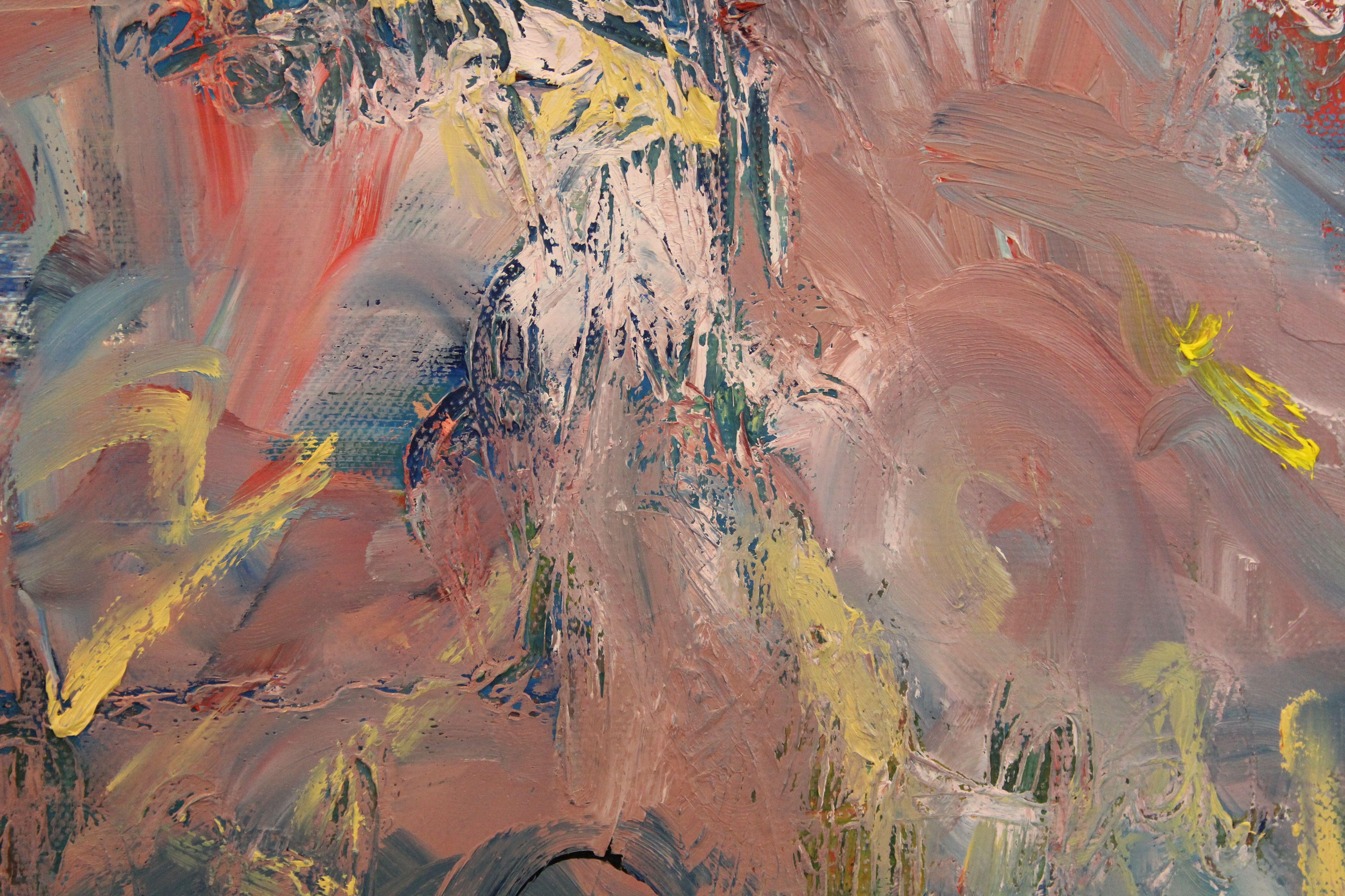 Esta pieza está compuesta de óleo impasto ricamente estratificado. Tiene una gran profundidad y textura, y ostenta preciosas estructuras de color con cambios de temperatura tanto atrevidos como sutiles. Está sobre un lienzo profundo, envuelto en una