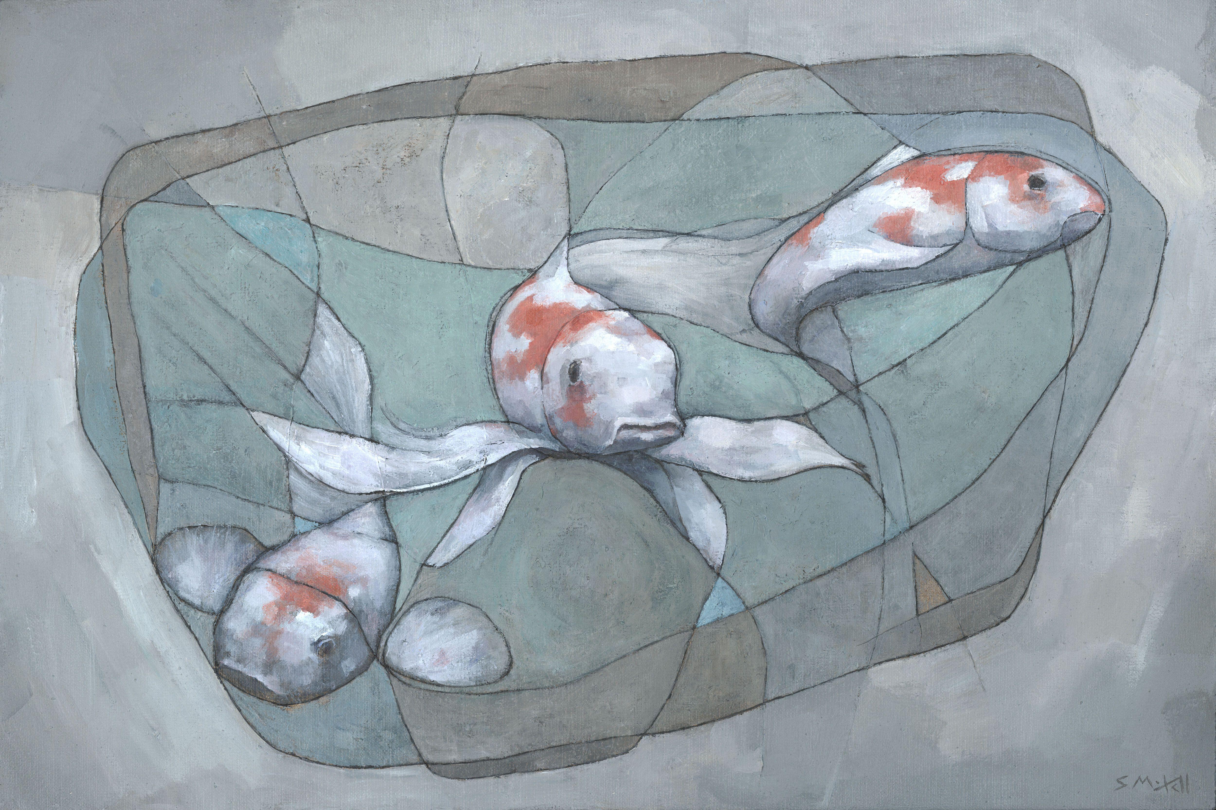 This is an acrylic on canvas painting of three Koi fish, painted with free flowing lines and organic shapes. It is painted on deep profile canvas, with the sides painted to match the backround.  :: Painting :: Modern :: This piece comes with an