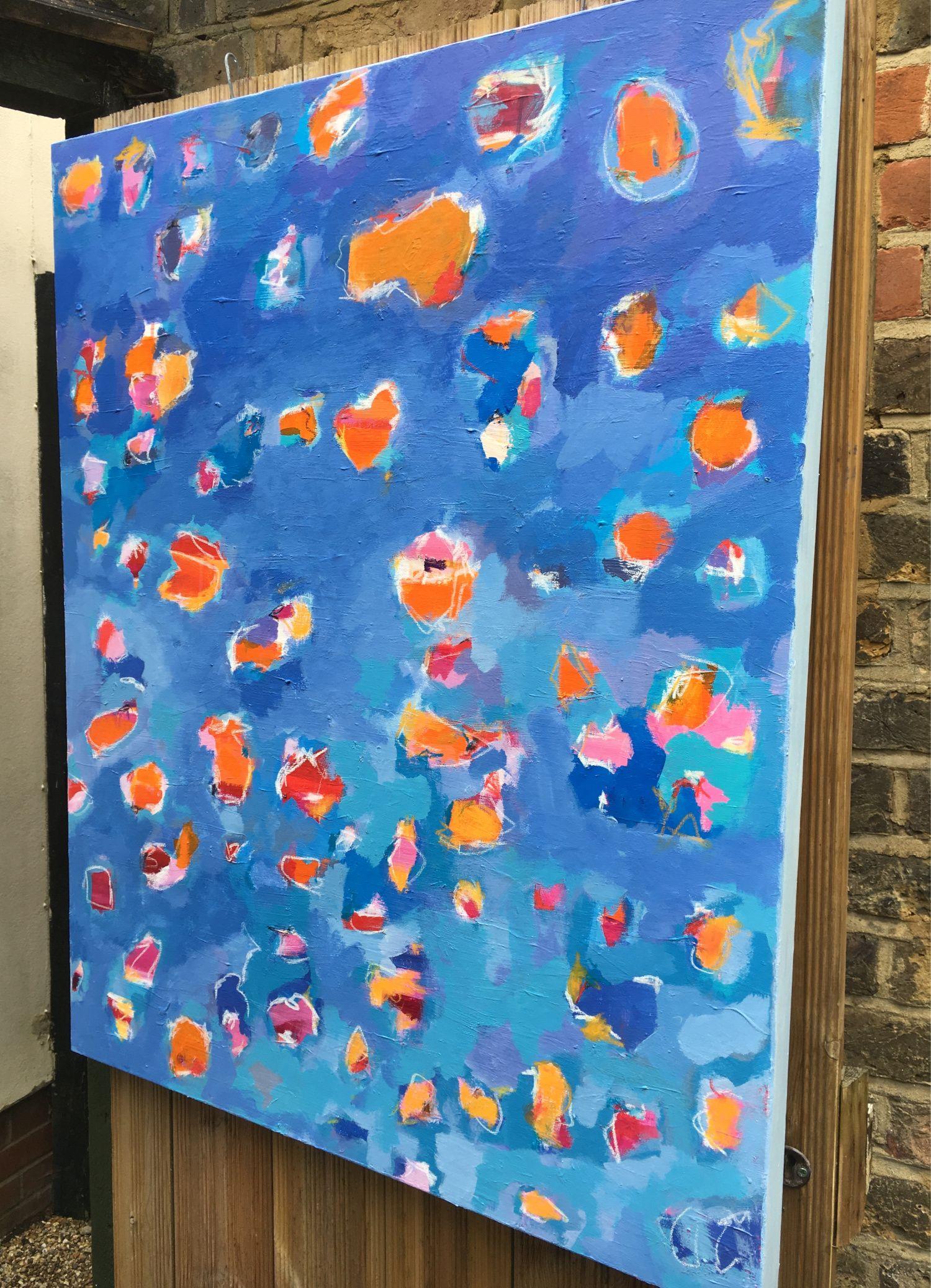A very vibrant summer painting which I have worked on for quite some time building the painting carefully layer by layer with acrylics and pastels. Strong blues, purples, orange and pink combine to a colourful, abstract painting inspired by a joyful