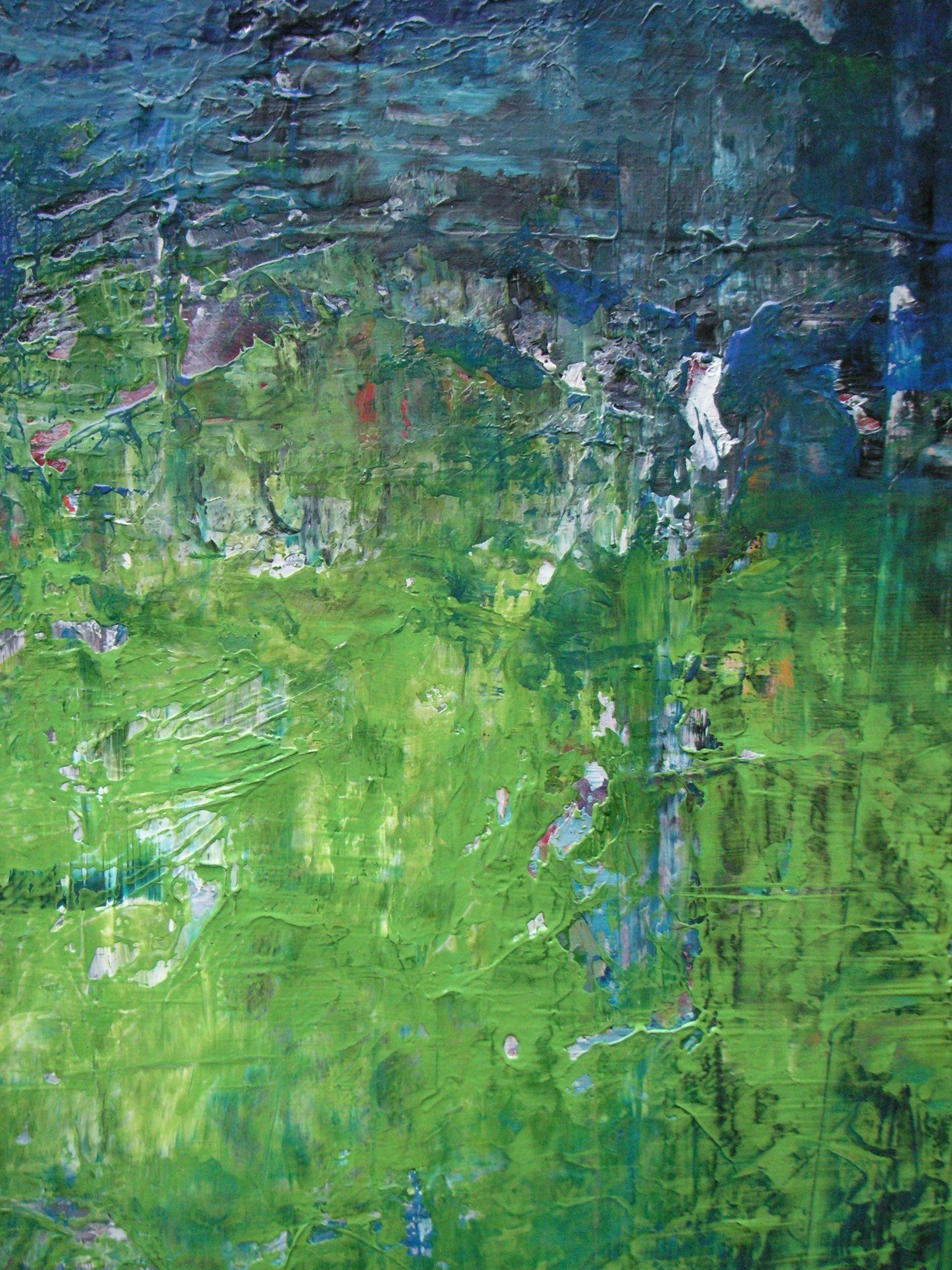 Clear Sky, Green Earth, Painting, Oil on Canvas - Blue Abstract Painting by Angela Dierks