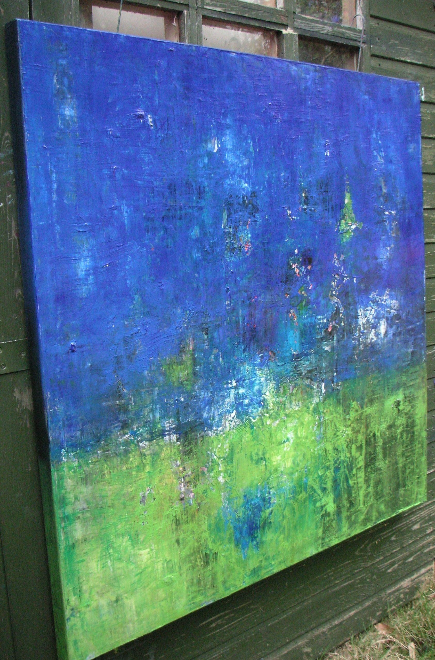 A large, multi layered oil painting with vivid blue and green hues. Inspired by the impending spring time the emotional expression is one of hope and aliveness. The painting has been built over many layers of oil paint with various degrees of