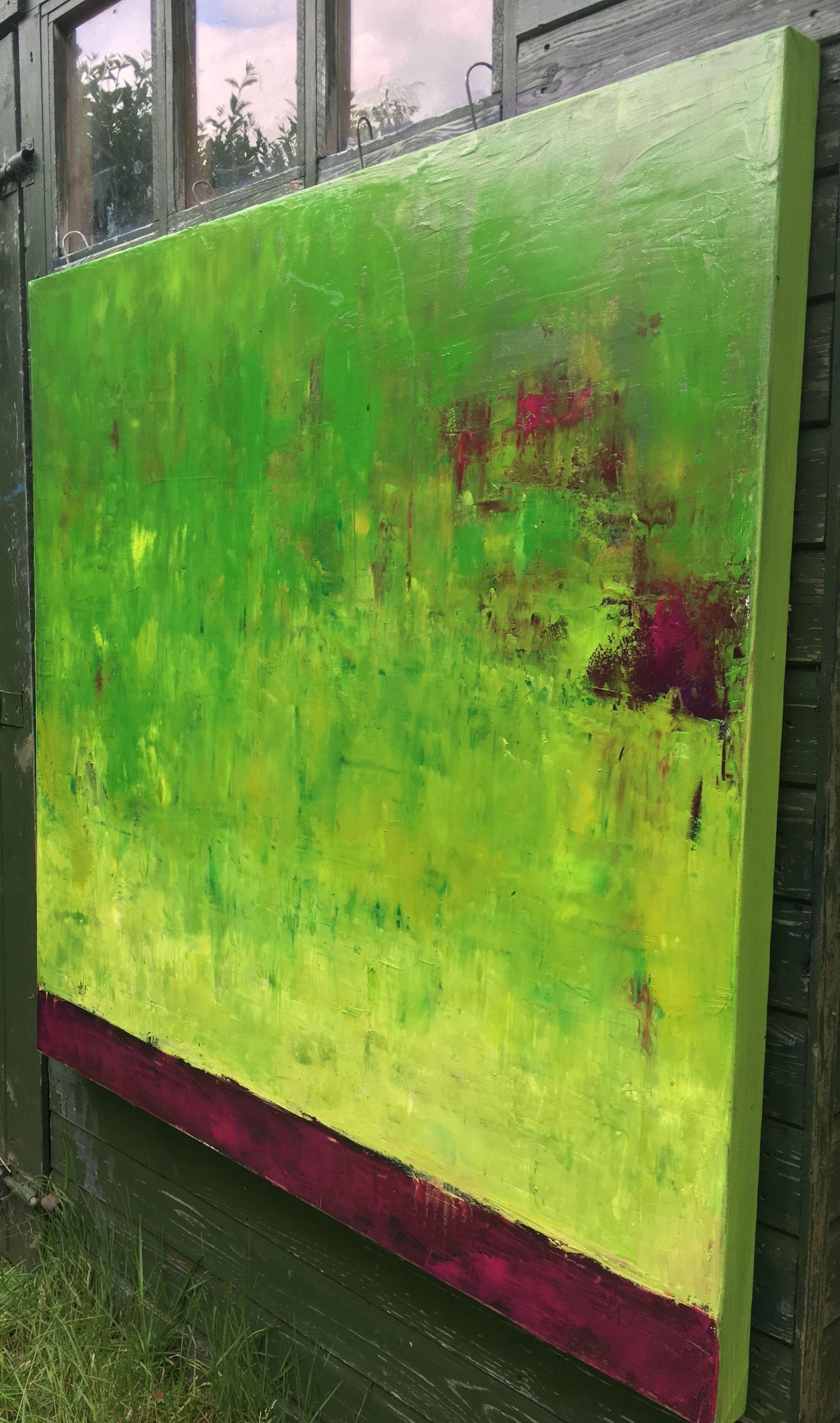 Myddelton Gardens, Painting, Oil on Canvas - Green Abstract Painting by Angela Dierks