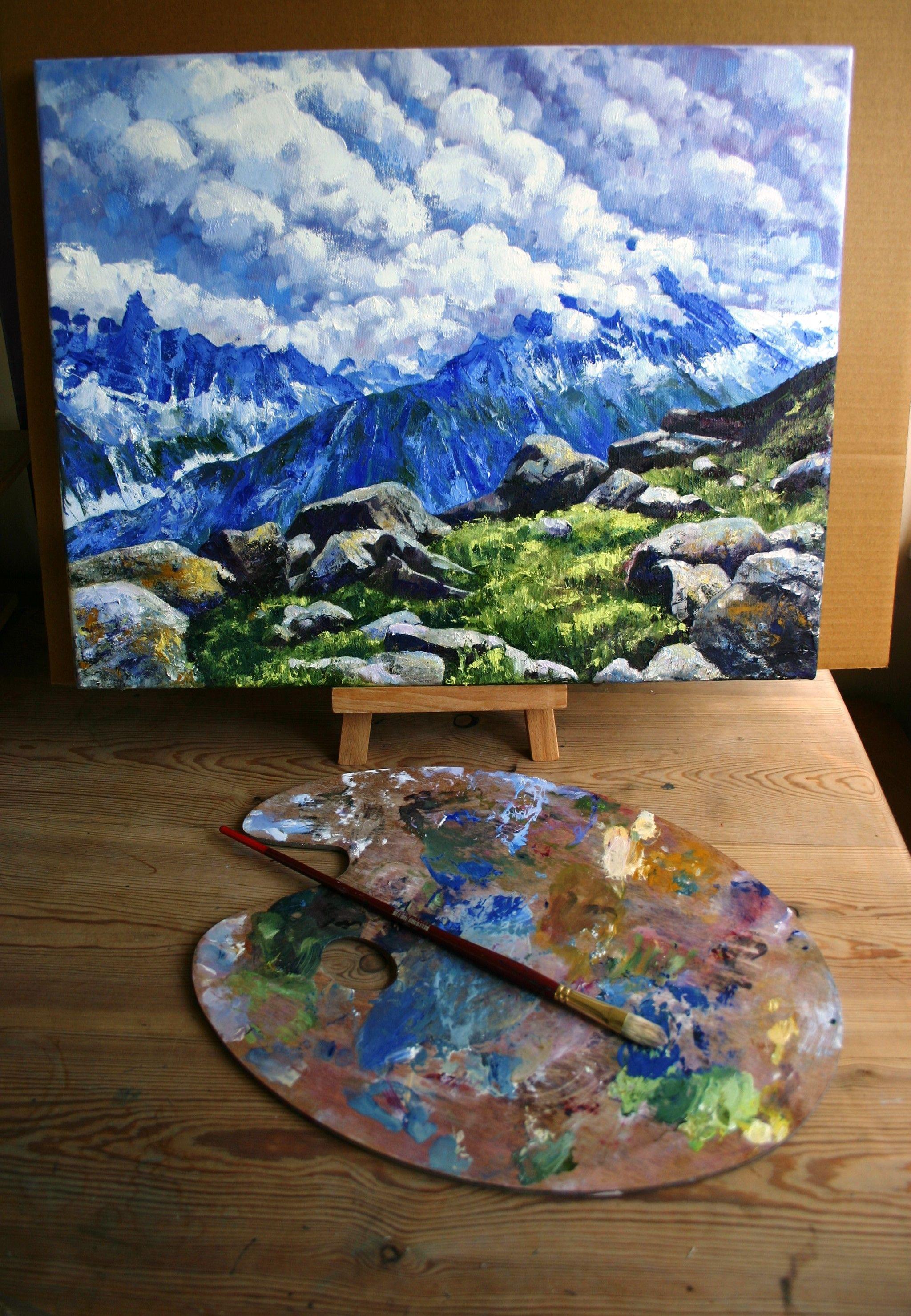 Alpine landscape oil painting on cotton canvas.    A holiday to the French and Italian Alps has inspired a collection of mountain paintings.    This painting was inspired by the striking contrast between foreground and background. I love the feeling