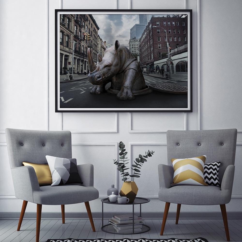 Limited Edition Print Artwork titled ‘Rhino surprise in...’ by Gillie and Marc - Contemporary Photograph by Gillie and Marc Schattner