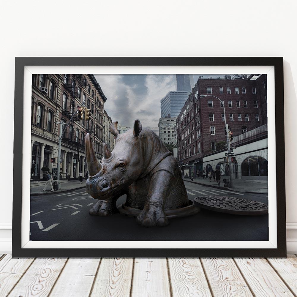 Title: Rhino surprise in the city

A Limited-Edition Illustration Print Artwork titled ‘Rhino surprise in the city’ by artists Gillie and Marc. This-realistic artwork of Gillie and Marc’s Rhino sculpture is available in limited-edition Giclée print