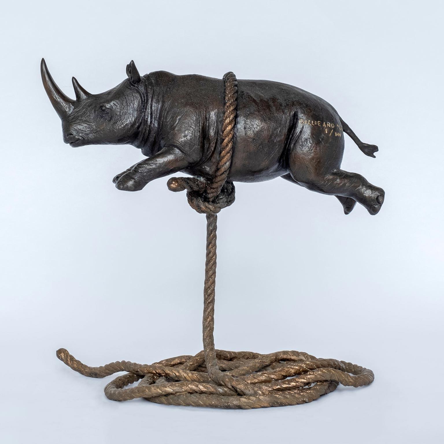 Authentic Bronze Rhino Flying High For The... Sculpture with by Gillie and Marc - Art by Gillie and Marc Schattner