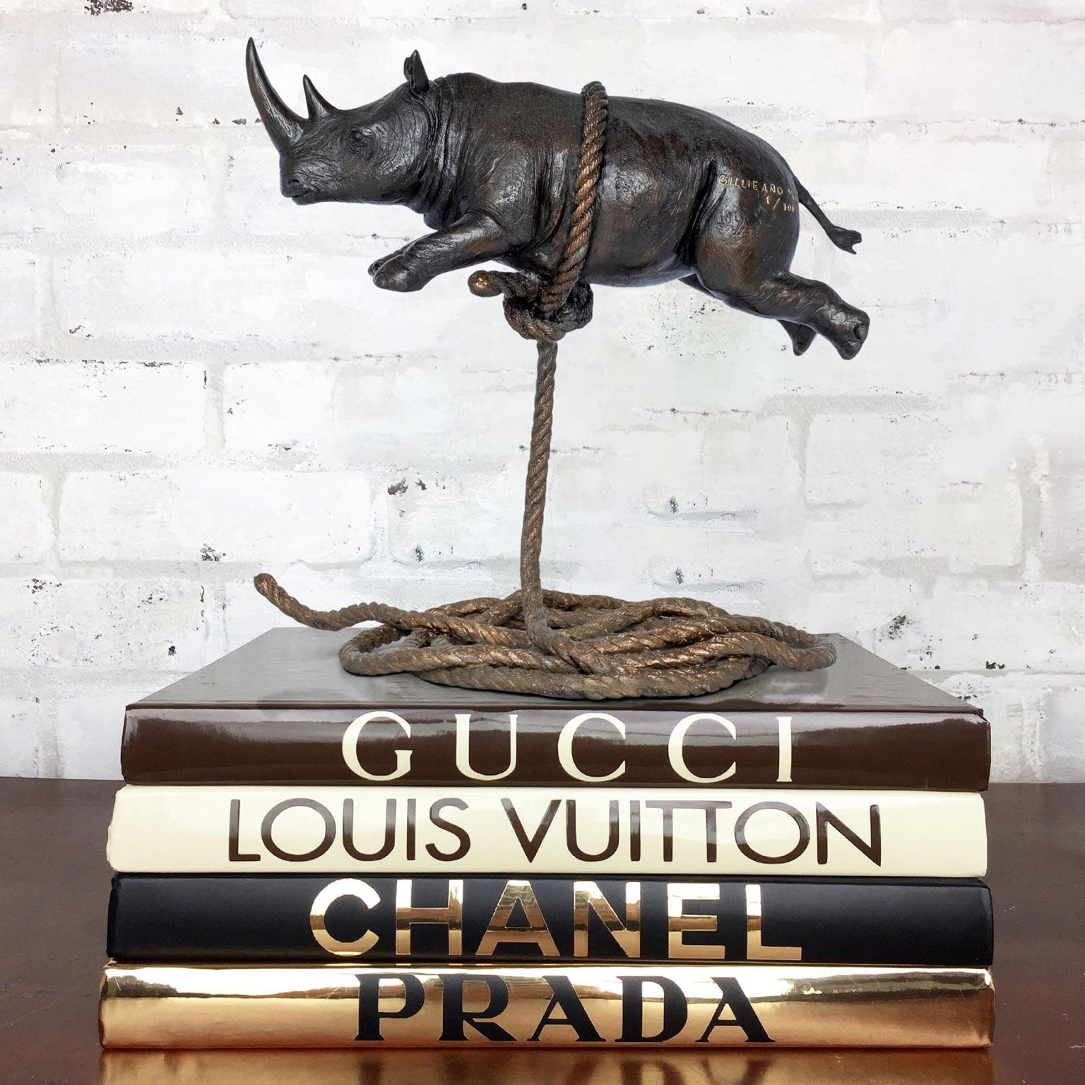Authentic Bronze Rhino Flying High For The... Sculpture with by Gillie and Marc - Contemporary Art by Gillie and Marc Schattner