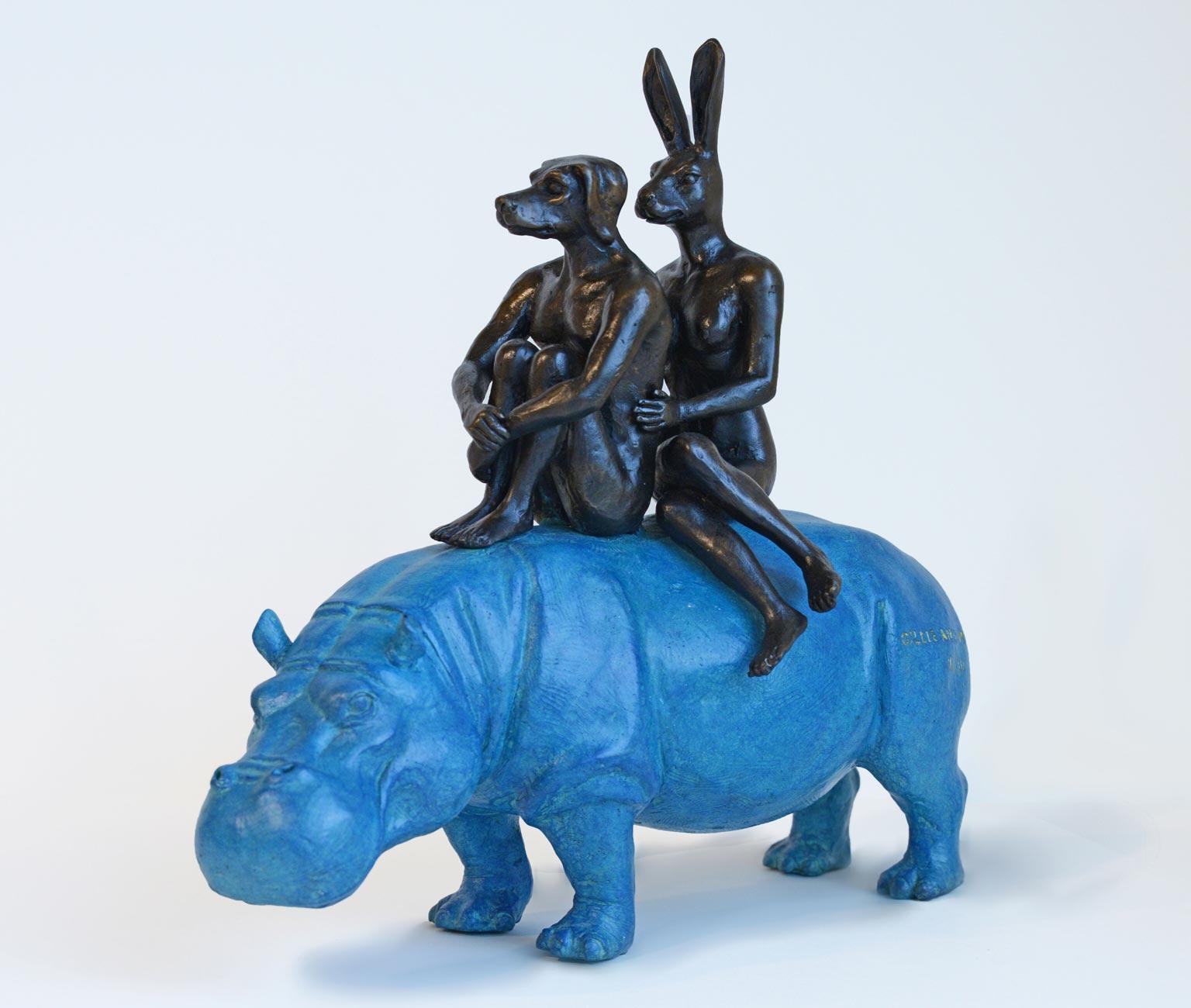 Bronze Sculpture - Limited Edition - Blue Patina Hippo Riders - Dog - Rabbit  For Sale 1