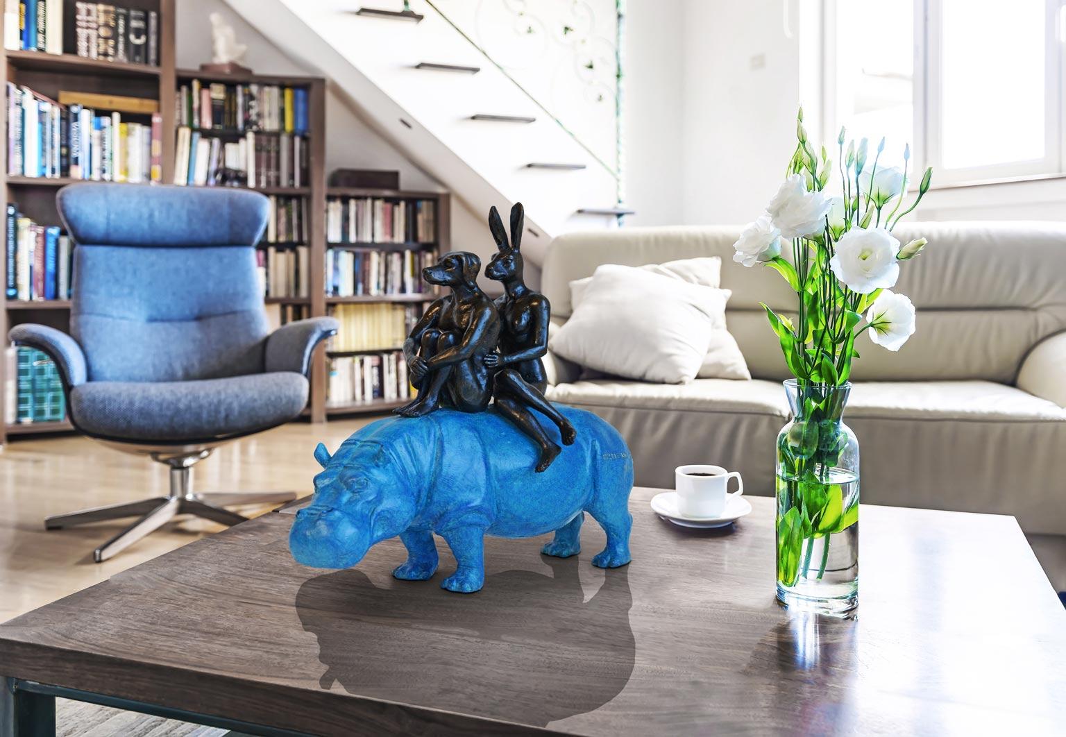 Bronze Sculpture - Limited Edition - Blue Patina Hippo Riders - Dog - Rabbit  For Sale 2
