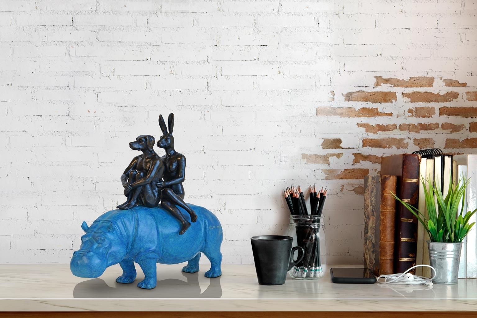 Bronze Sculpture - Limited Edition - Blue Patina Hippo Riders - Dog - Rabbit  For Sale 4
