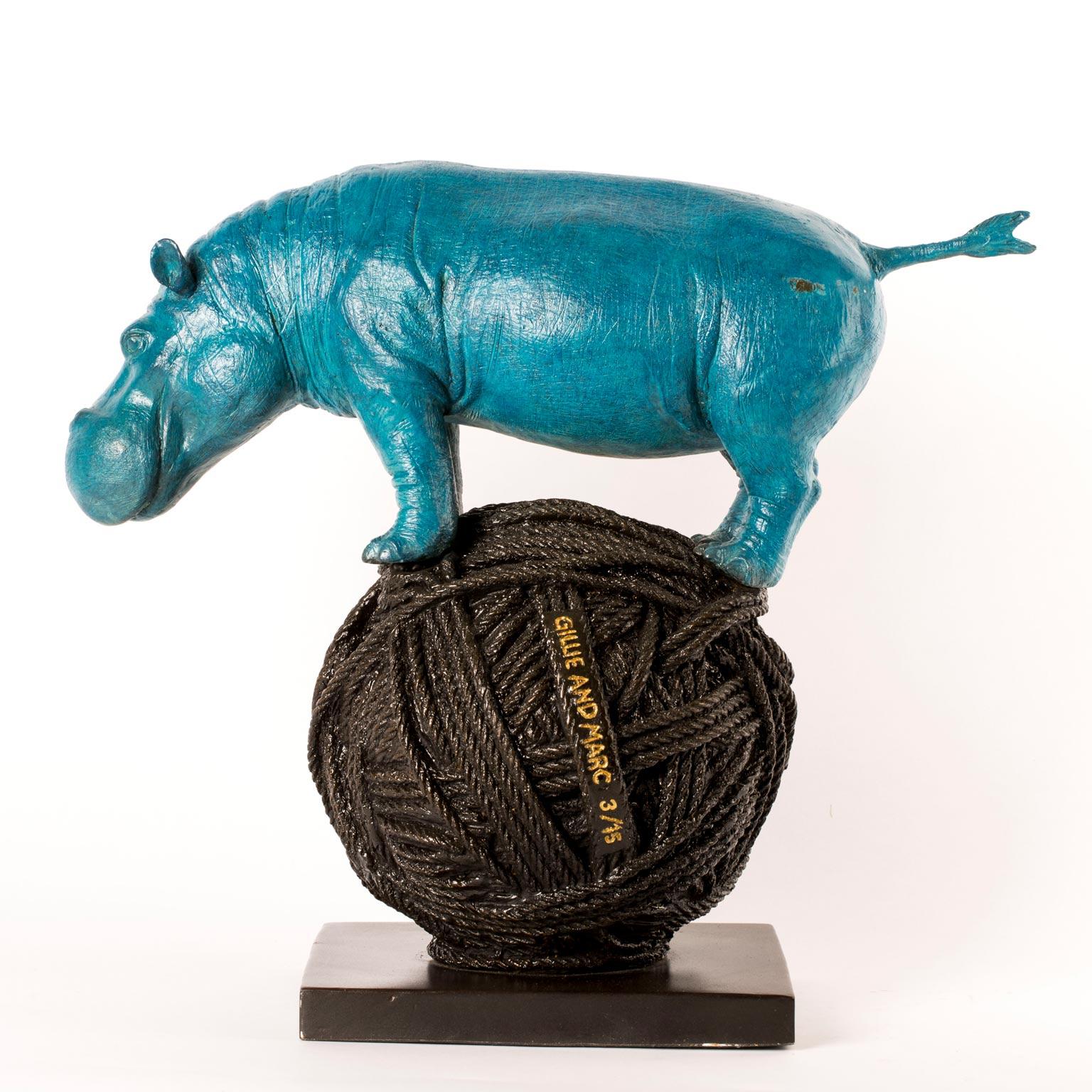 Gillie and Marc Schattner Figurative Sculpture - Bronze Animal Sculpture - Art - Blue Hippo Balancing - Limited Edition - 2019