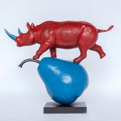 Bronze Animal Sculpture - Art - Rhino - Pear - red - blue - Nature - Animals