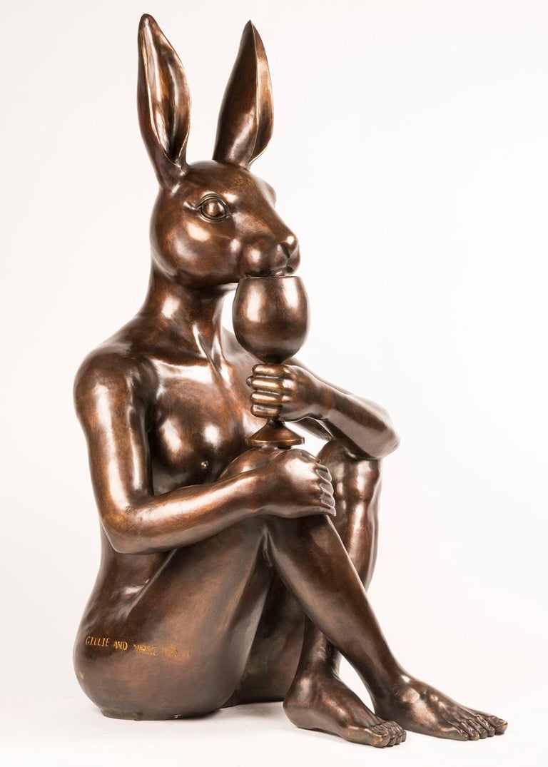 Gillie and Marc Schattner Figurative Sculpture - Bronze Indoor Outdoor Sculpture - Limited Edition - Rabbit w/ wine - Animal Art