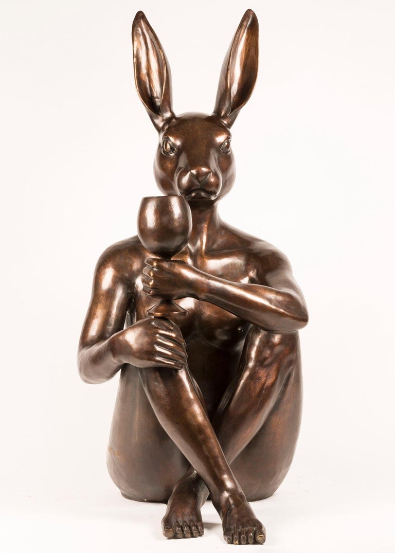 Bronze Indoor Outdoor Sculpture - Limited Edition - Rabbit w/ wine - Animal Art - Gold Figurative Sculpture by Gillie and Marc Schattner