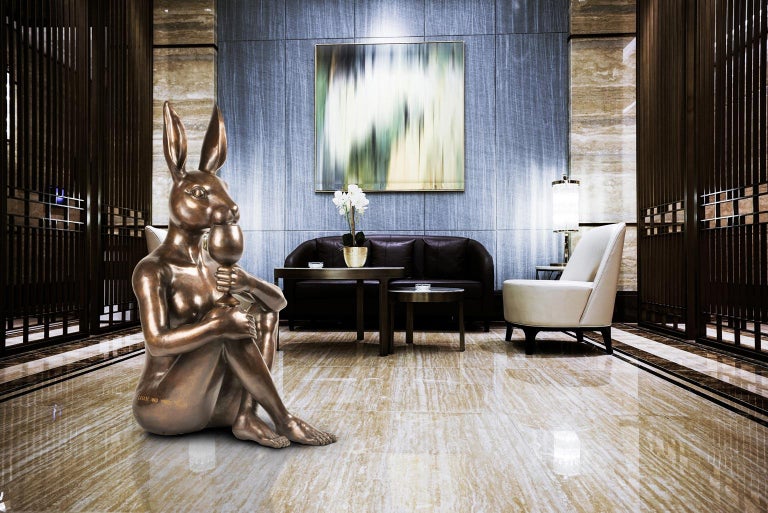 Bronze Indoor Outdoor Sculpture - Limited Edition - Rabbit w/ wine - Animal Art For Sale 1