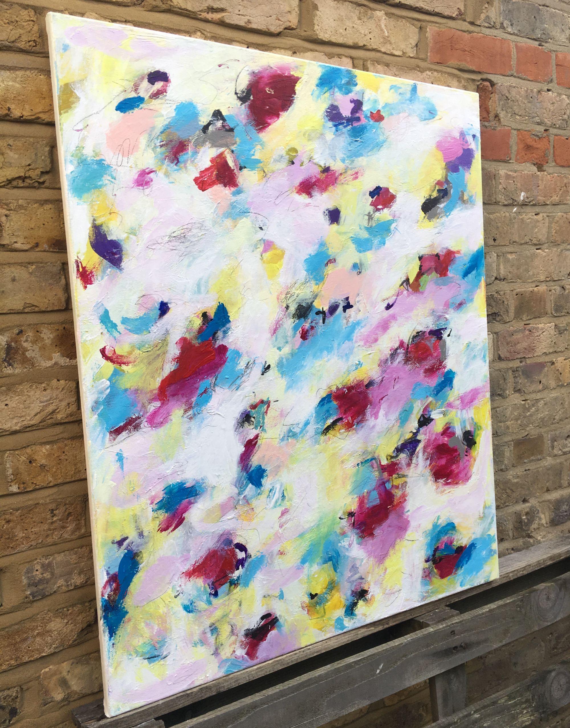 An abstract floral painting inspired by the budding blossoms in my garden. Forsythia and magnolia trees are competing for attention. The painting reflects the mood that comes with the first sunny days in spring time. It was built over many colour