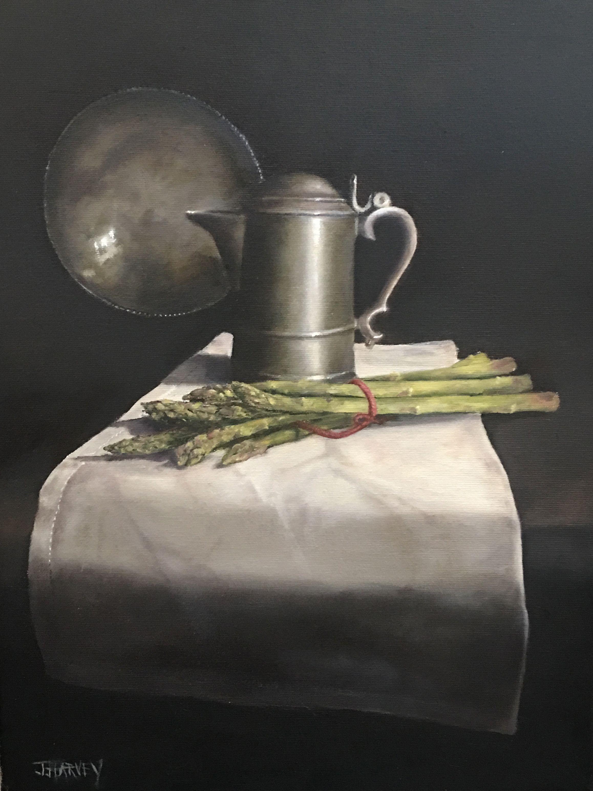Textures, sheen, reflections, colour â€“ all are rendered very simply in this work. A pewter stein is high lighted along with fresh green asparagus and a battered pewter plate as a backdrop. The string in the original setup was white, but the
