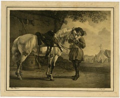 Man holding a horse by stirrups by Heydeck - Lithograph - 19th Century