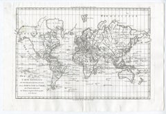 Antique World map on Mercator's projection by Bonne - Engraving - 18th Century