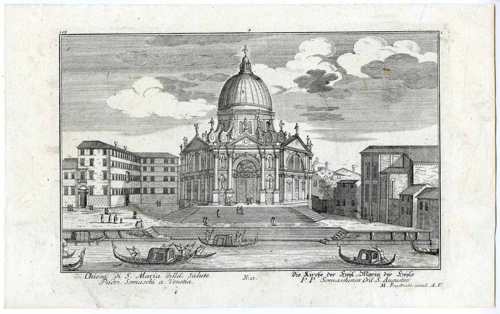 Subject: Antique print, titled: 'Chiesa di S. Maria della Salute Padri Somaschi a Venetia. Die Kirche der heyl. Maria (…).' - This very rare original antique print depicts a view of Santa Maria della Salute from the other side of the Grand Canal in