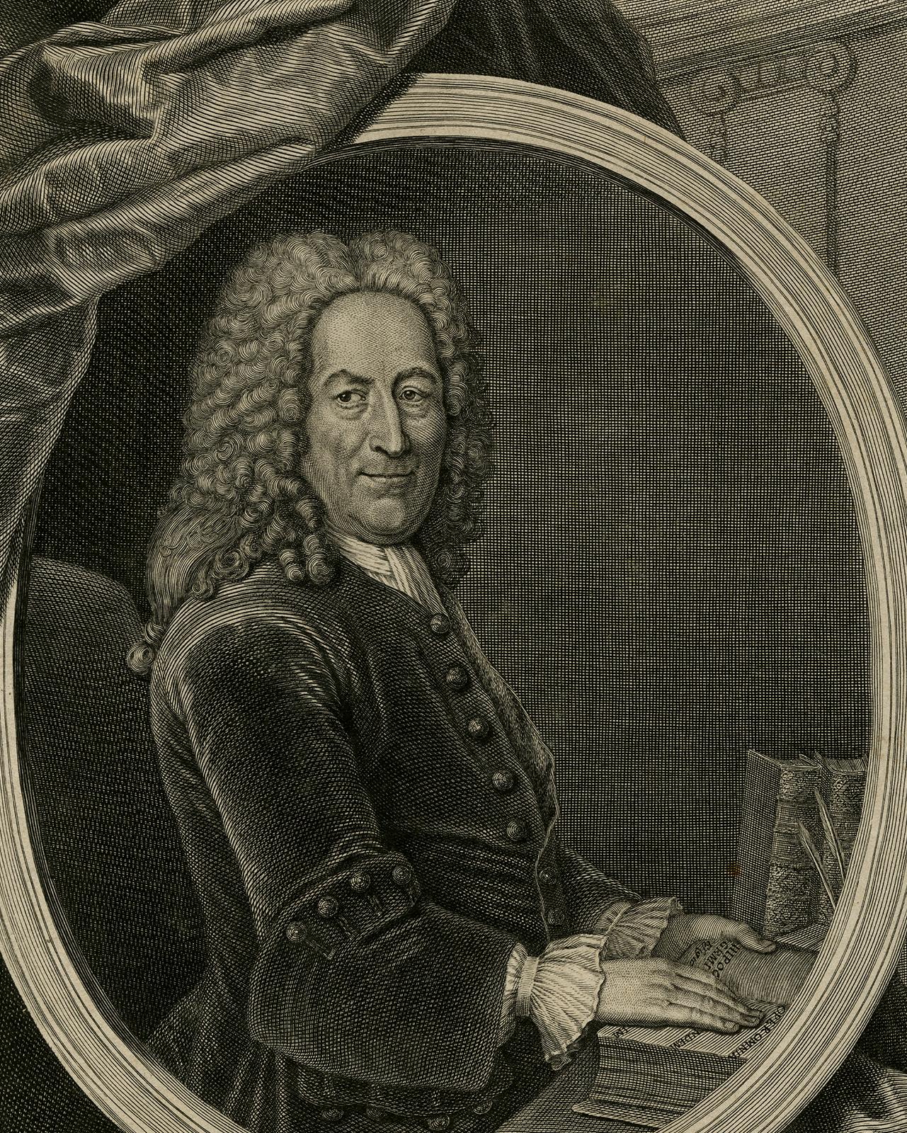 Portrait of the physician Friedrich Hoffmann by Petit - Engraving - 18th Century - Black Print by Gilles Edme Petit