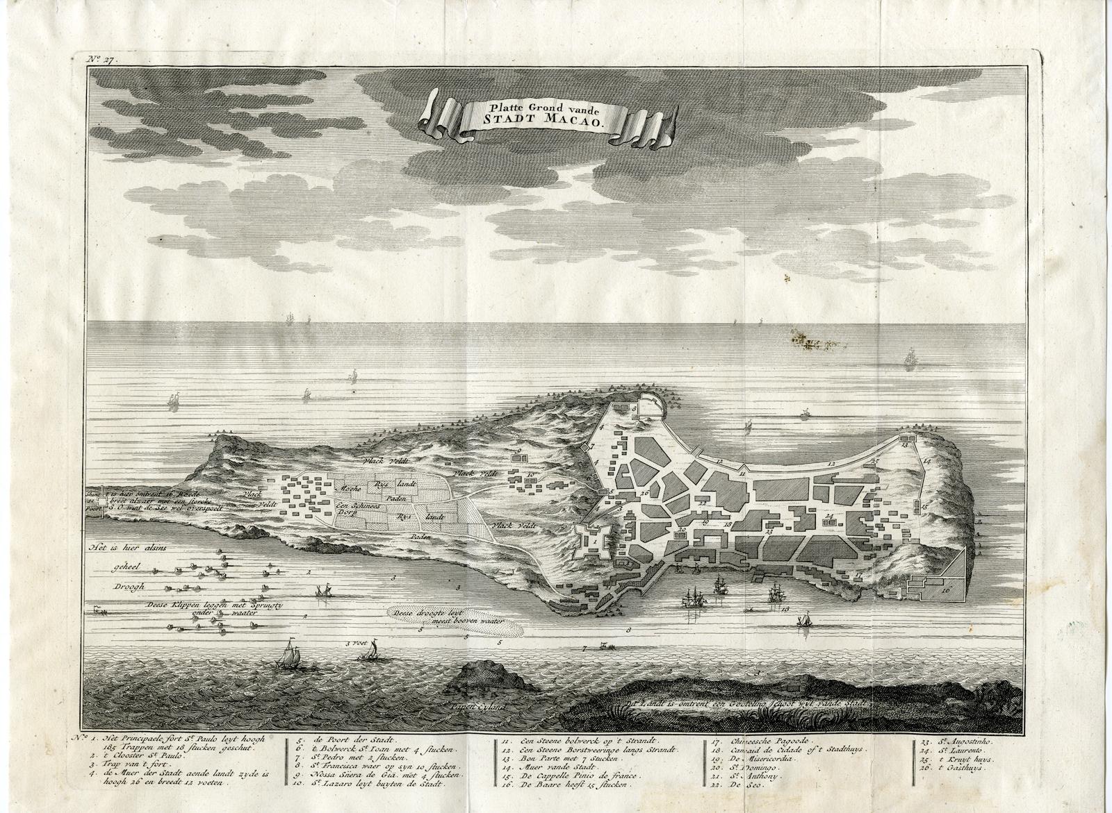 Subject: Antique print, titled: 'Platte Grond vande Stadt Macao.' - This scarce original antique print shows a plan of the city of Macao/Macau from Lappa Island showing the defences, the forts, churches and convents: including Fort de Baare, Bon