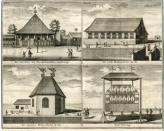 Scarce original antique print with four images on one sheet: 'The old house of