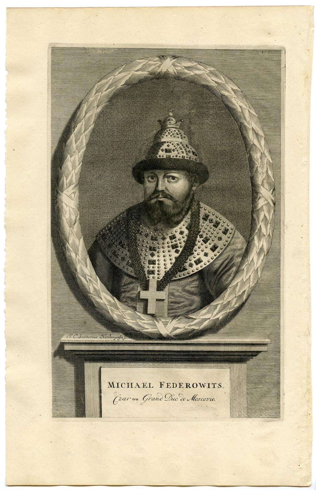 Subject: Antique print, titled: 'Michael Federowits, Czar ou Grand Duc de Moscovie.' - Scarce original antique print depicting Michael I of Russia (Mikhail Fyodorovich Romanov) (1596 - 1645), he became the first Russian Tsar of the House of