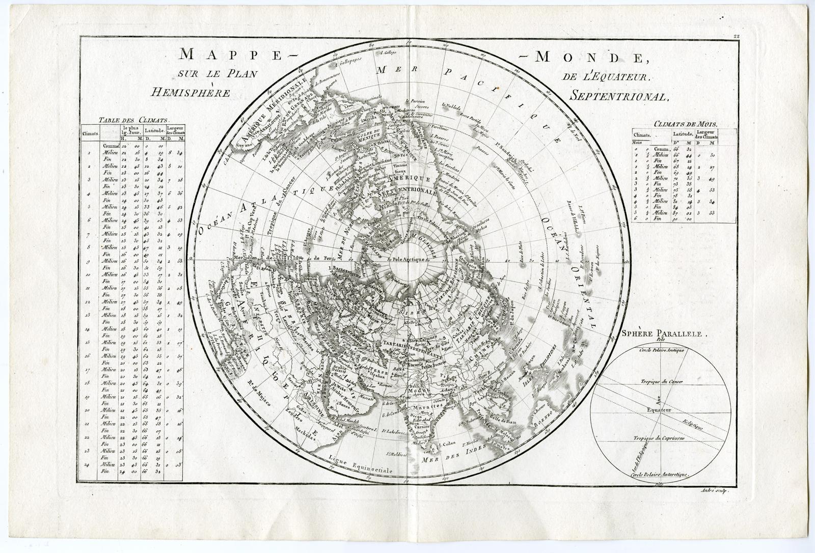 Subject: Antique print, titled: 'Mappe Monde, sur le Plan de l'Equateur. Hemisphere Septentrional.' - Map of the Northern Hemisphere. Shows the extent of Cook's explorations in the Pacific and NW Coast of America, potential NW Passage, etc.
 

