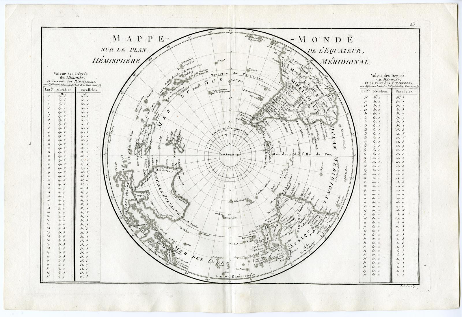 Subject: Antique print, titled: 'Mappe Monde, sur le Plan de l'Equateur. Hemisphere Meridional.' - Map of the Southern Hemisphere centered on the South Pole, from the South Pole up to the Equator. Some place names indicated, and numerous larger and