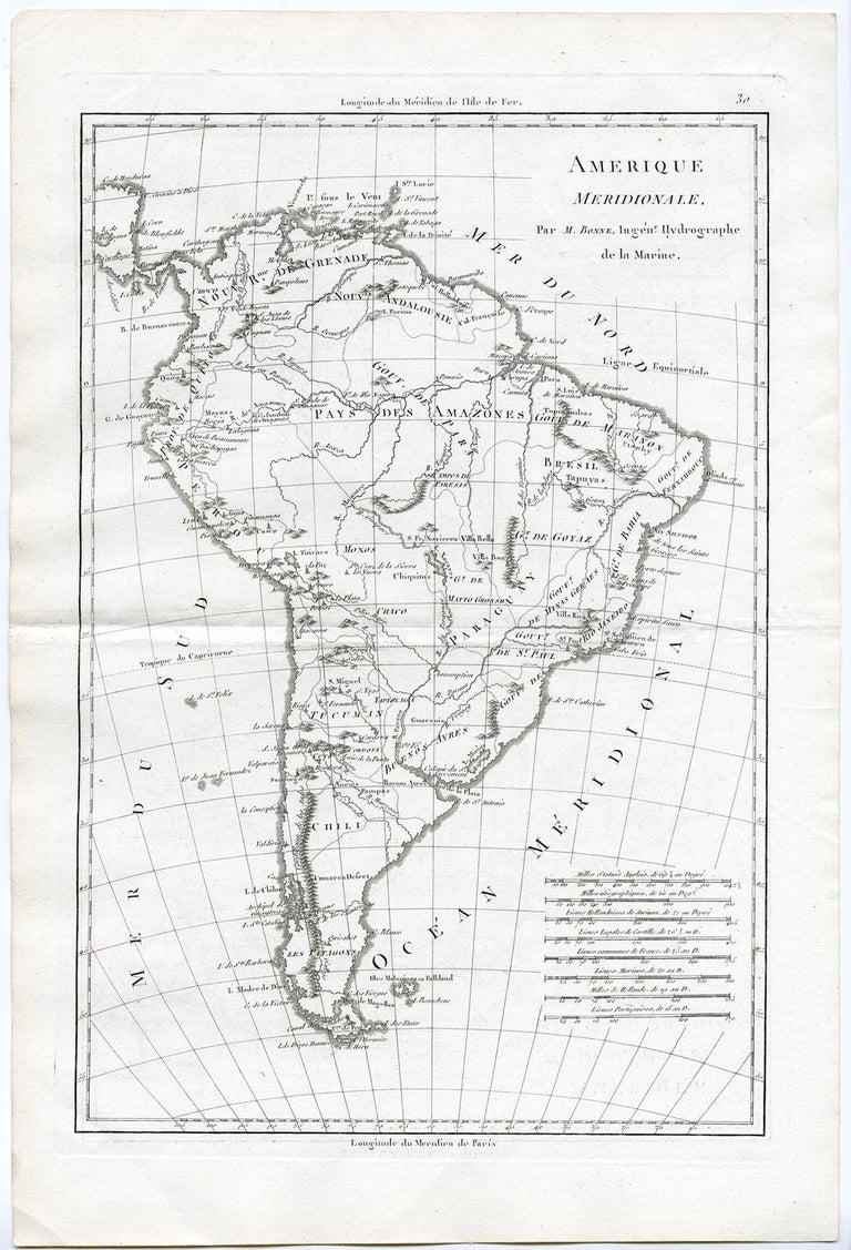 Bonne - Map of South America - End colonial period by Bonne - Engraving