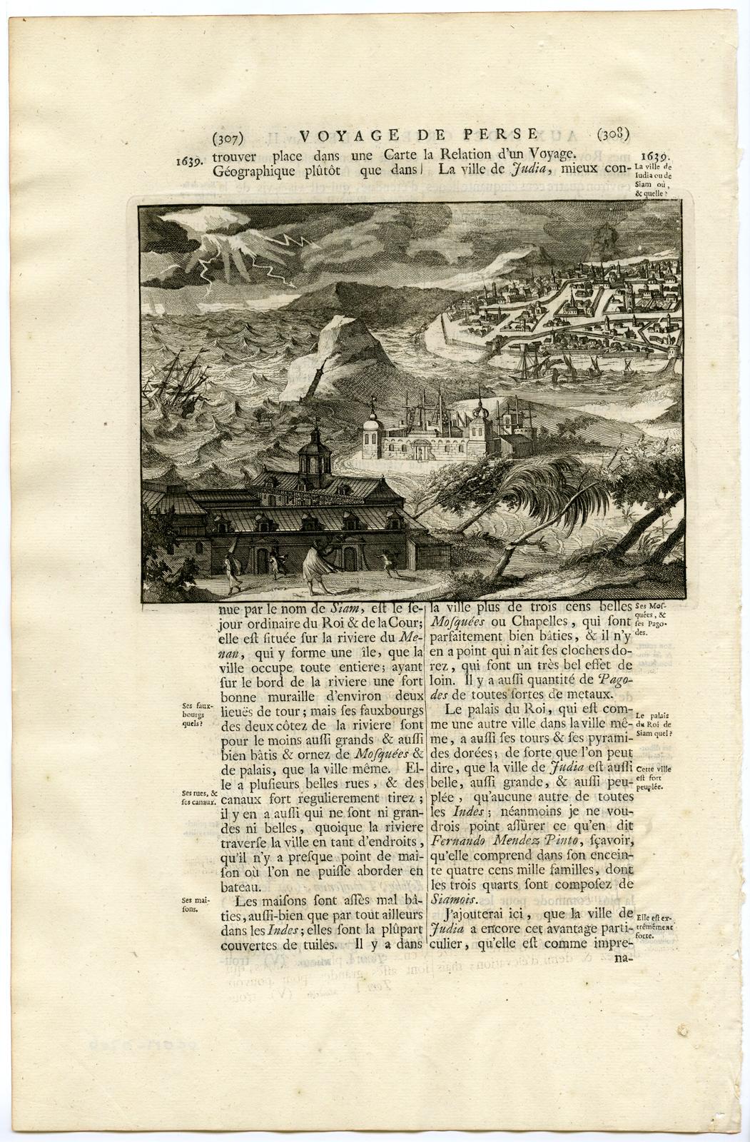 Subject: Antique print, untitled. Scarce original antique print depicting a view of Judea (Ayutthaya) in Siam/Thailand , an important VOC trading post opened in 1608. Text on verso.
 
 Description: From: 'Les Voyages du sieur Albert de Mandelslo'