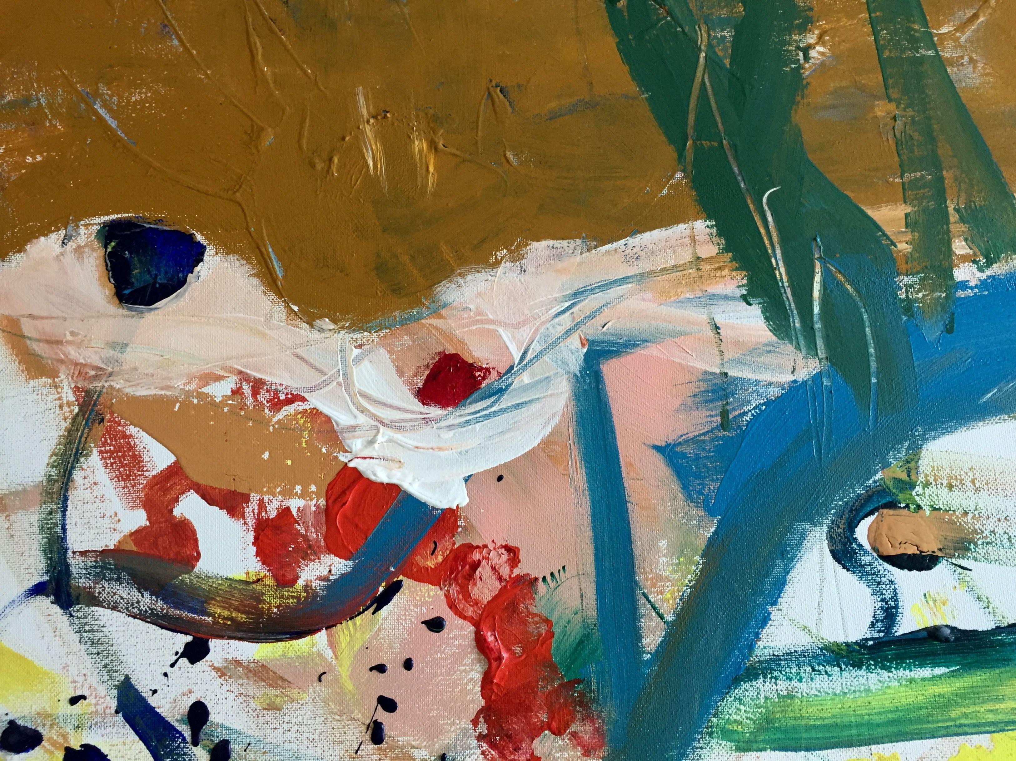 Dieses abstrakte Acrylgemälde ist sehr lebendig und hat eine warme Farbpalette. Die Hauptfarben sind blau, grün, rot, weiß und ein wenig gelb und rot. Es ist von der Natur inspiriert, insbesondere von Blumen und Blüten.     Die Seiten des Kunstwerks