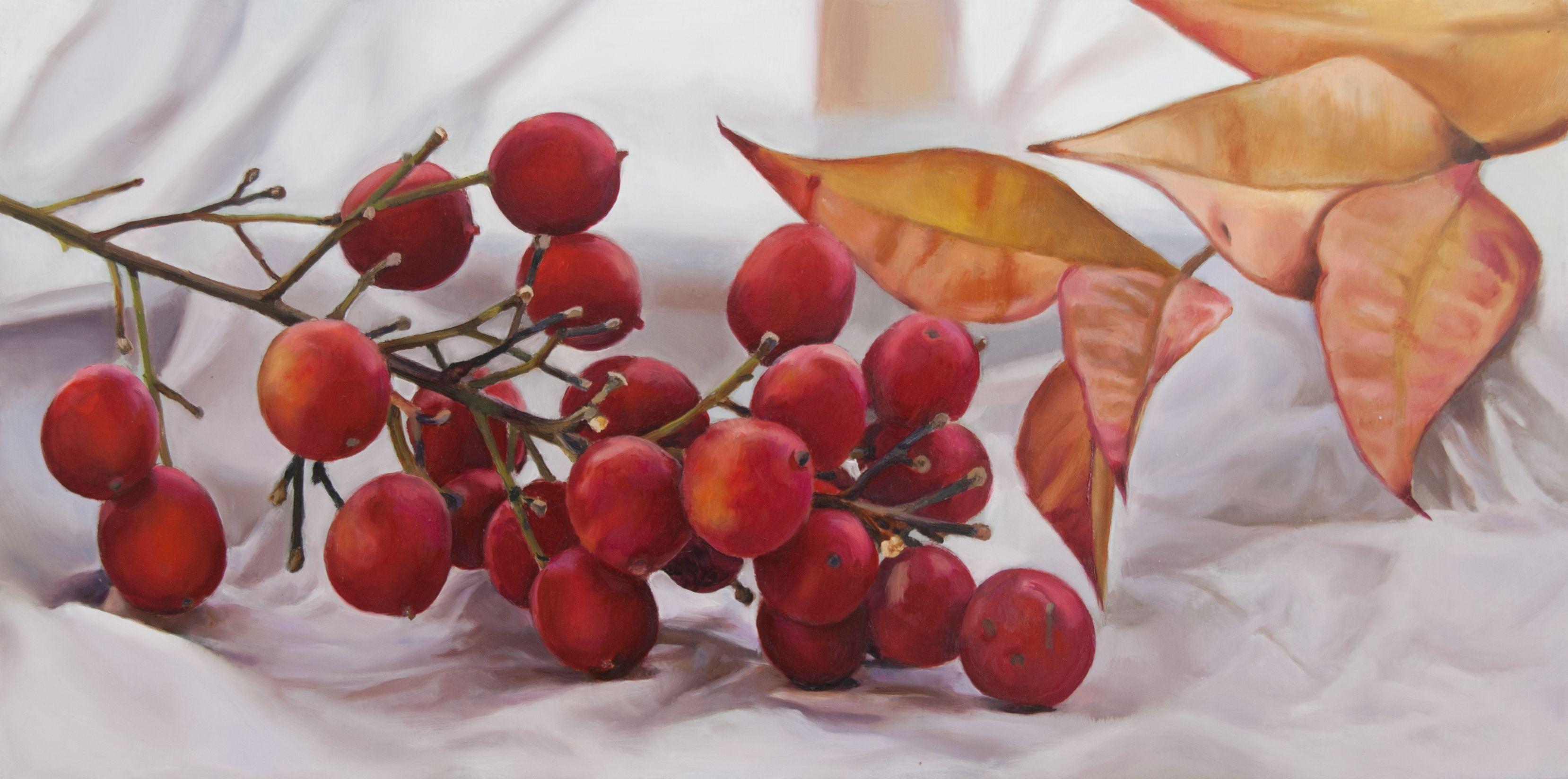 Nandina berries, amazingly red. :: Painting :: Photorealism :: This piece comes with an official certificate of authenticity signed by the artist :: Ready to Hang: Yes :: Signed: Yes :: Signature Location: back :: Wood Panel :: Landscape :: Original