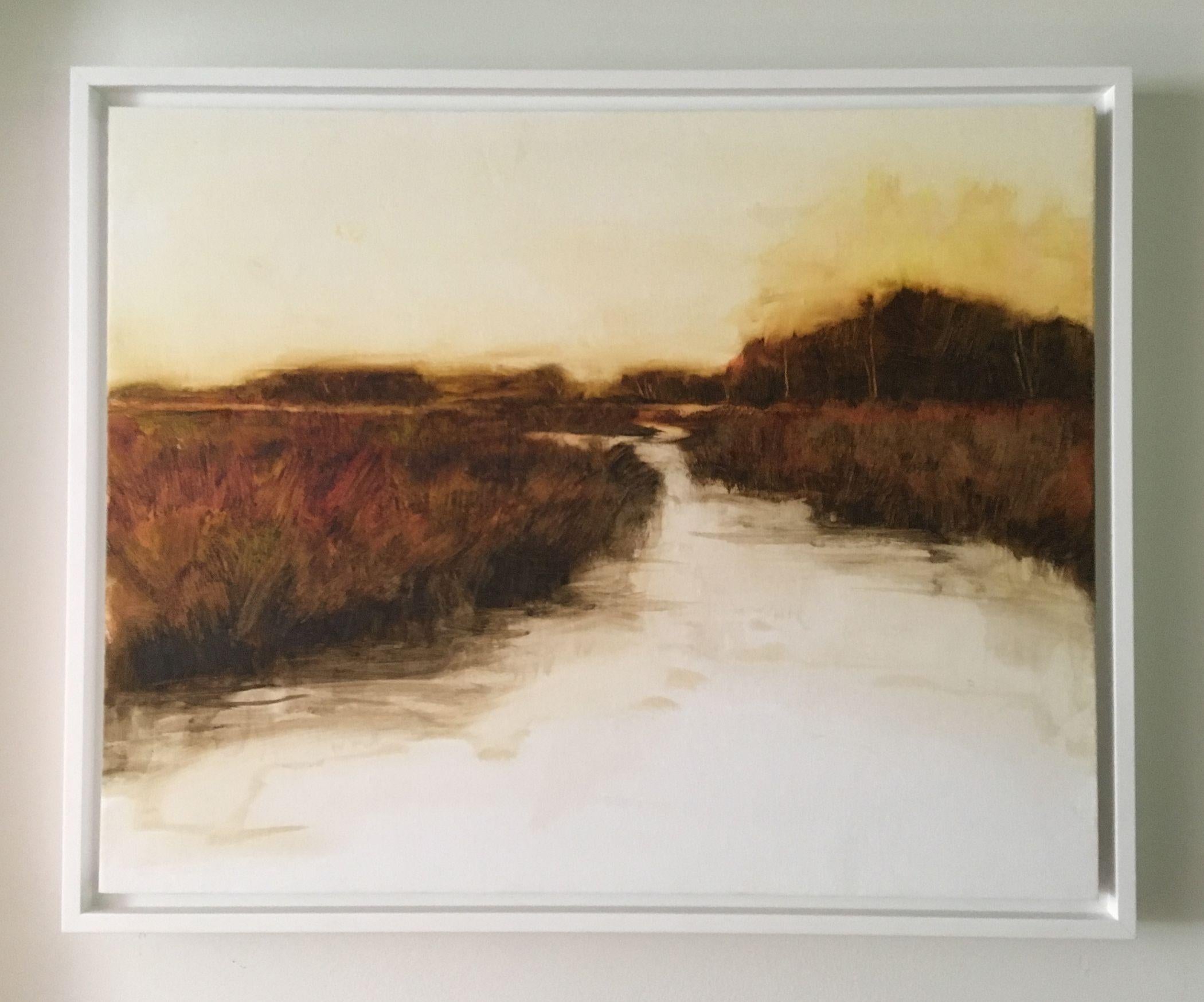 This landscape is in my minimalist style which uses a maximum of 4 colors to create a serene, calming painting. I paint on canvas, then using an acid free adhesive, mount it to a wooden cradle board. I then frame it in a white canvas floater frame
