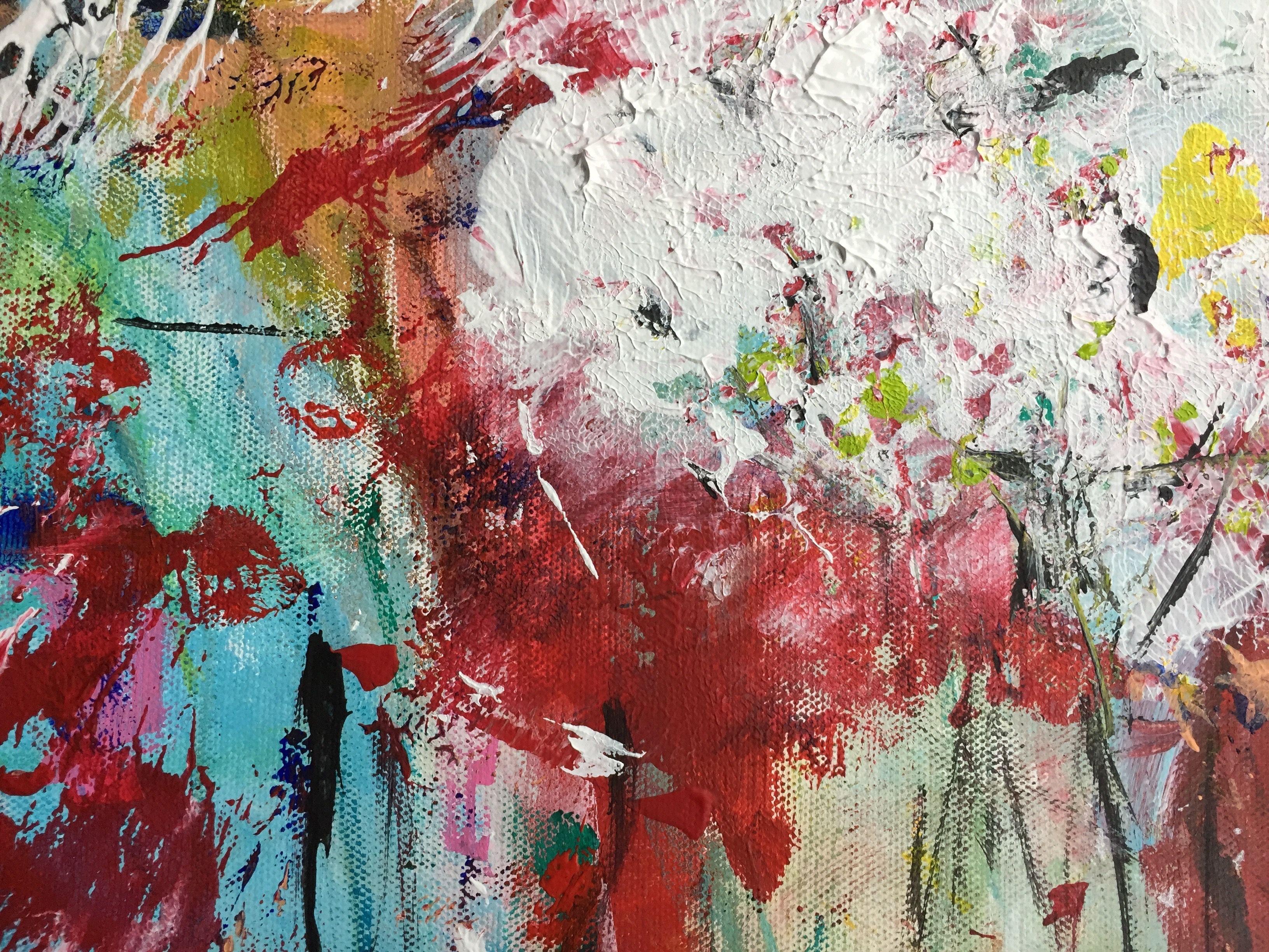 Cette peinture acrylique abstraite s'inspire de fleurs disposées dans un vase. Vous en découvrirez encore plus en vous promenant dans cette œuvre d'art, c'est un véritable objet d'art.     Les couleurs principales sont le turquoise, le rouge, le