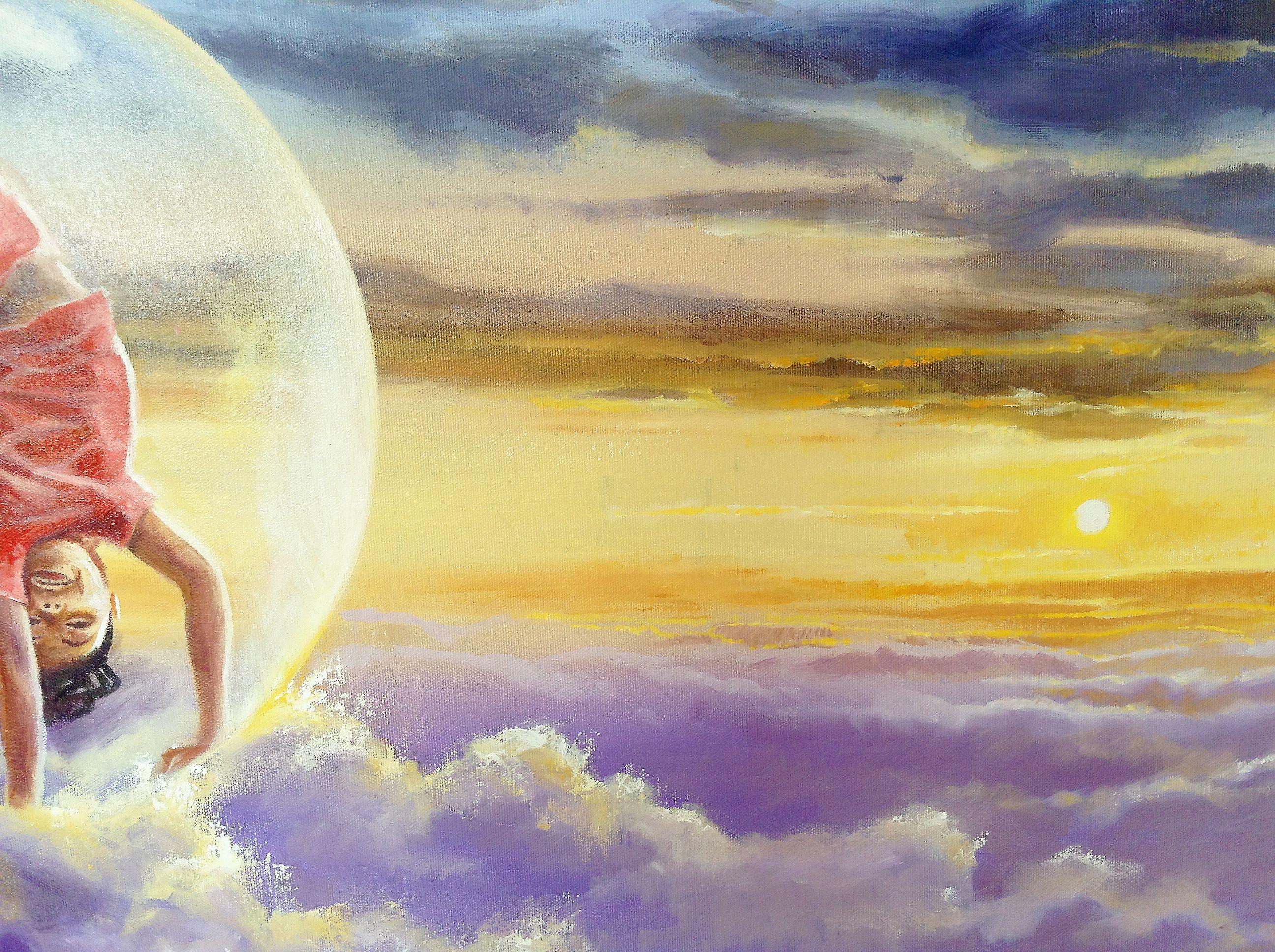 In einer Blase über den Wolken schweben. Freiheit zu sein, Freiheit zu spielen :: Malerei :: Surrealismus :: Dieses Werk wird mit einem offiziellen, vom Künstler unterzeichneten Echtheitszertifikat geliefert :: Bereit zum Aufhängen: Ja :: Signiert: