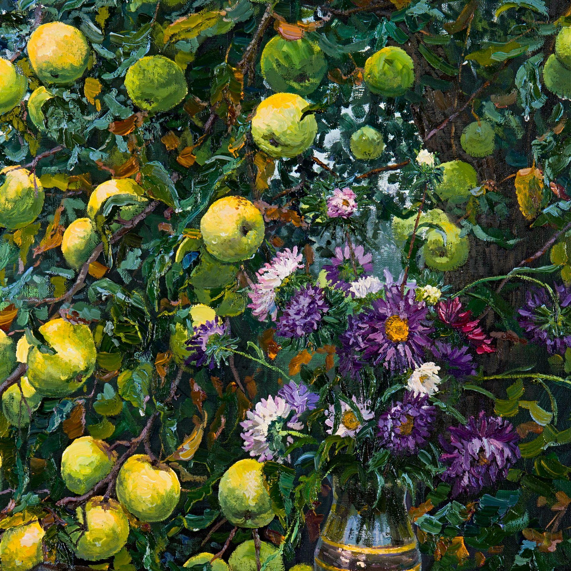 Title: Still Life with Asters and Apples.  Object type: painting.  Artist: Elena Barkhatkova.  Date made: 2018.  Medium and support: oil on canvas.  Dimensions: h 80 cm ├ù w 85 cm ├ù d 3 cm.  Copyright: Elena Barkhatkova. :: Painting :: Realism ::