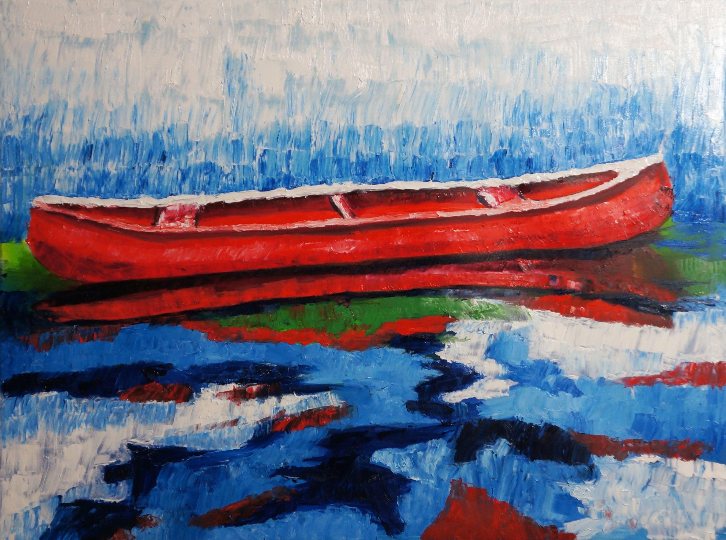 Vincent Zambrano Abstract Painting - THE RED BOAT, Painting, Oil on Canvas