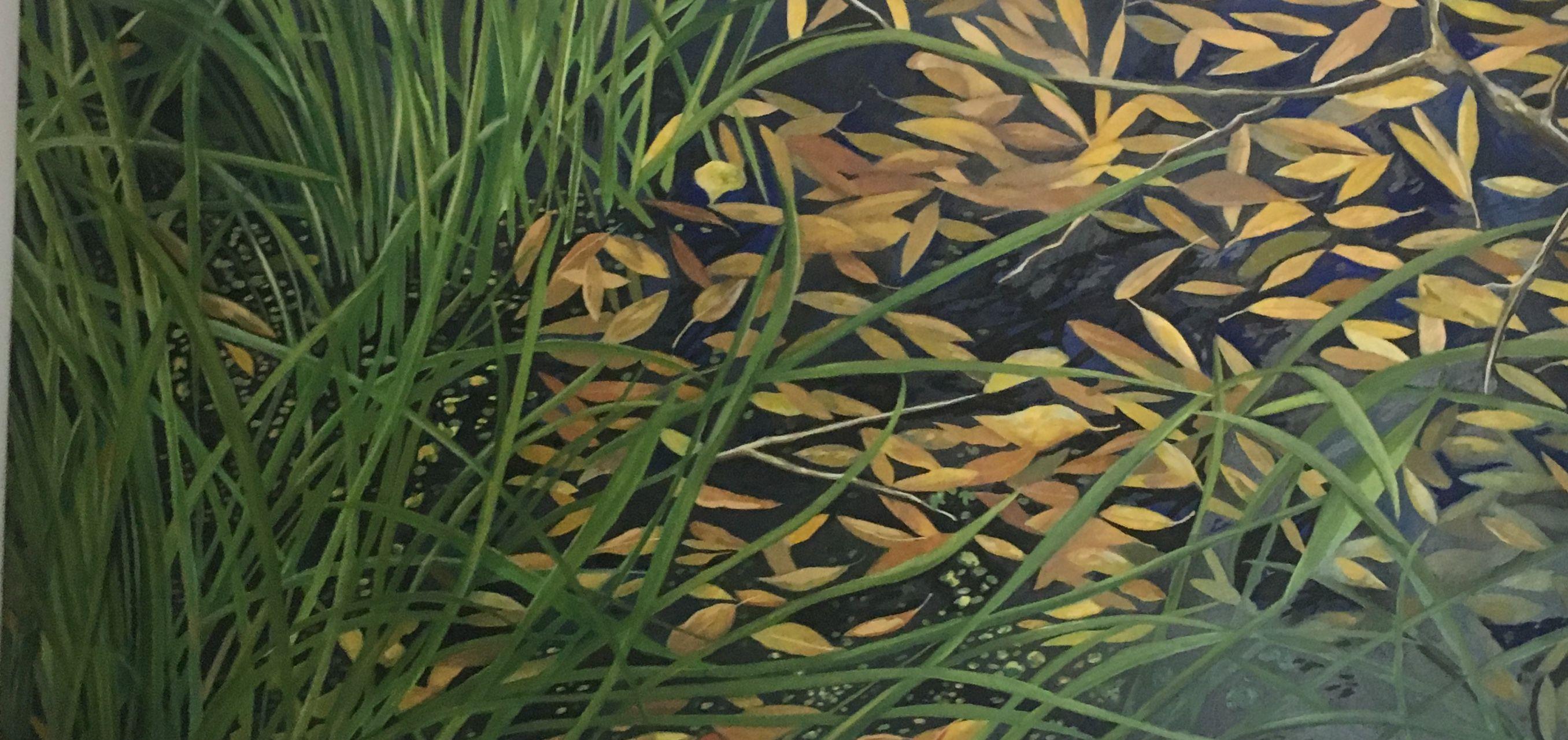 A bright colorful view painted in magical realism of a seasonal wetland :: Painting :: Modern :: This piece comes with an official certificate of authenticity signed by the artist :: Ready to Hang: Yes :: Signed: Yes :: Signature Location: Back  ::