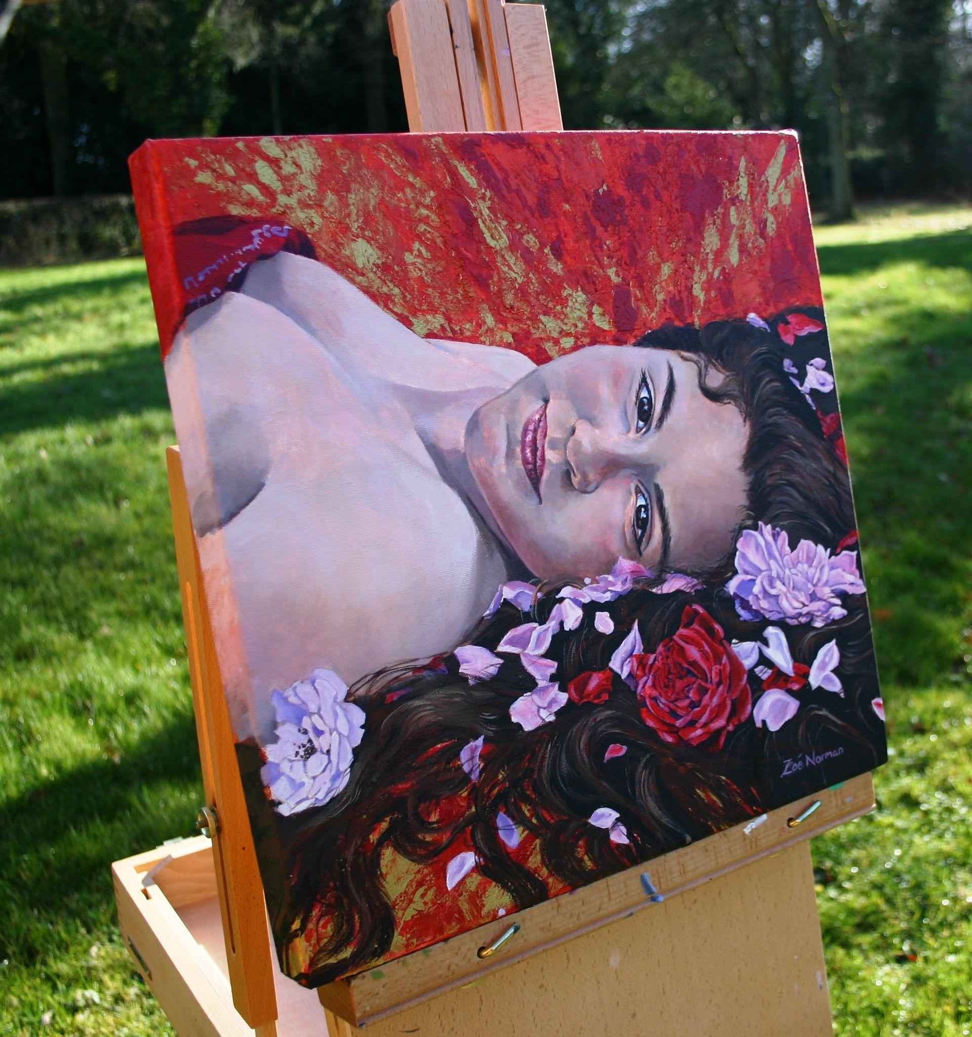 Modern Contemporary Realism    Acrylic and gold painting on stretched cotton canvas. Reclining young woman laying among rose petals. I was inspired by the Pre-Raphaelite paintings and chose a contemplative but intimate pose to capture the youth and