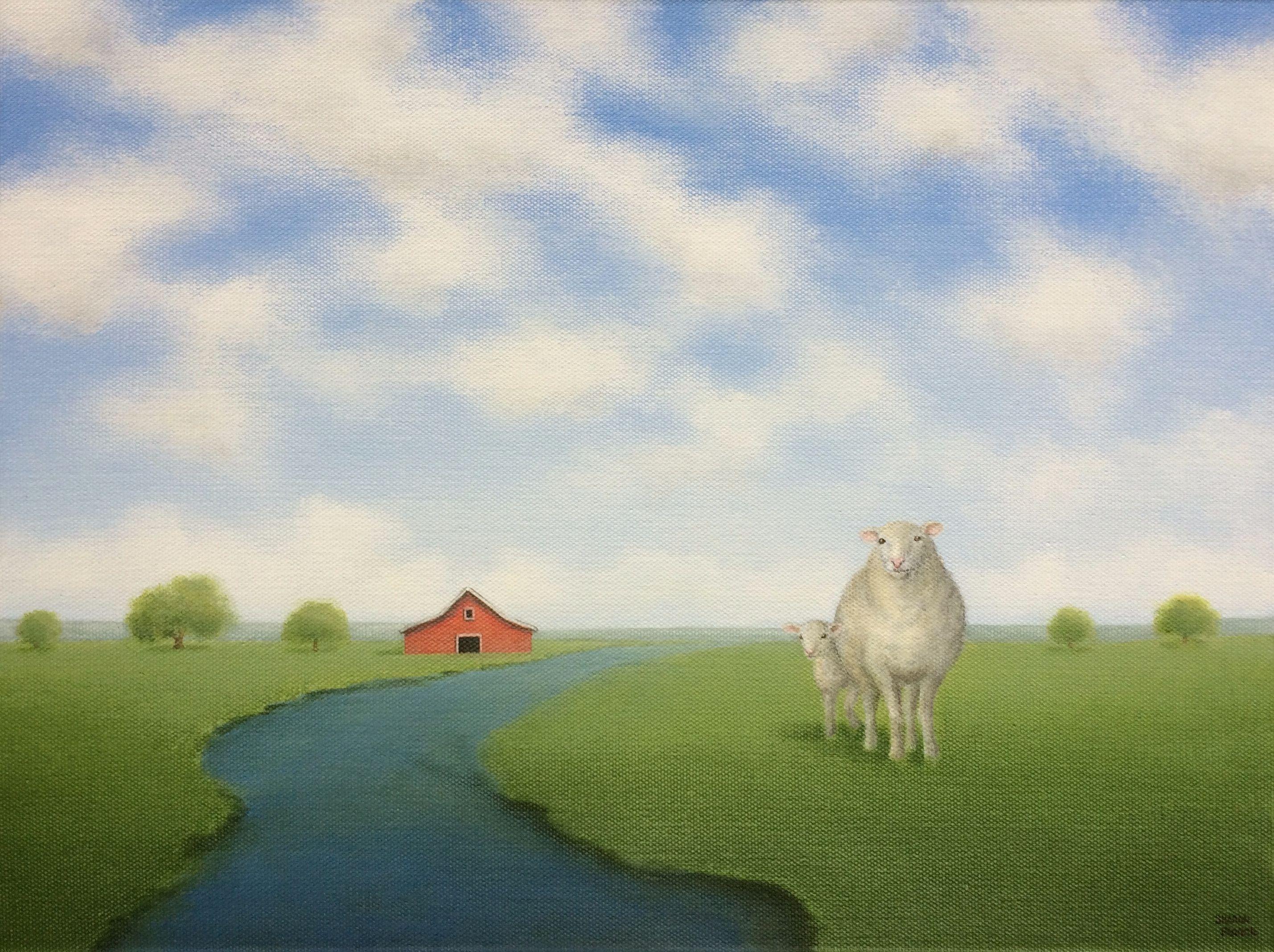   I decided on a quiet summer scene for this landscape painting from my imagination of a sheep and her little lamb by a country stream.┬á I love painting scenes of the county and what it looked like before electricity came though.┬á The painting