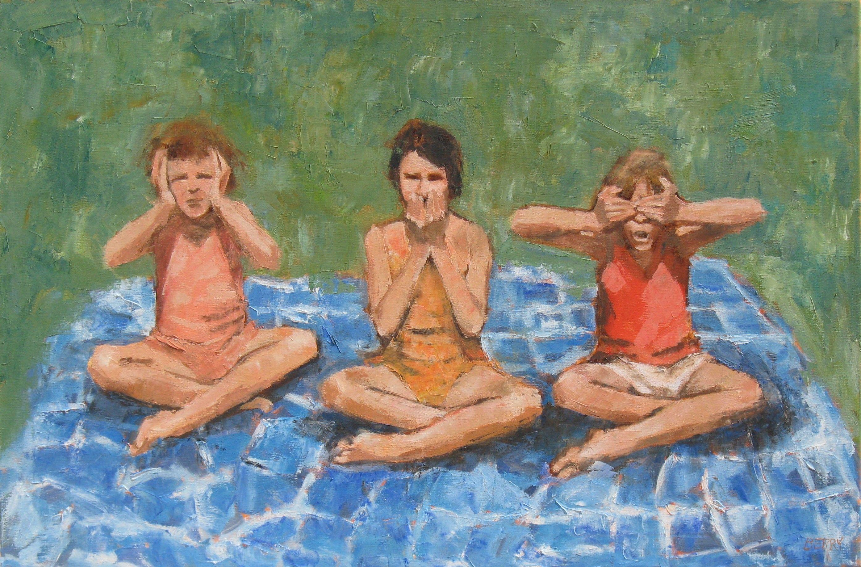 Three little girls pose as the hear nothing, speak nothing and see nothing little monkeys.  This was done with quality oil paints and cold wax on linen.  The edges are painted and it may be hung without a frame. :: Painting :: Impressionist :: This