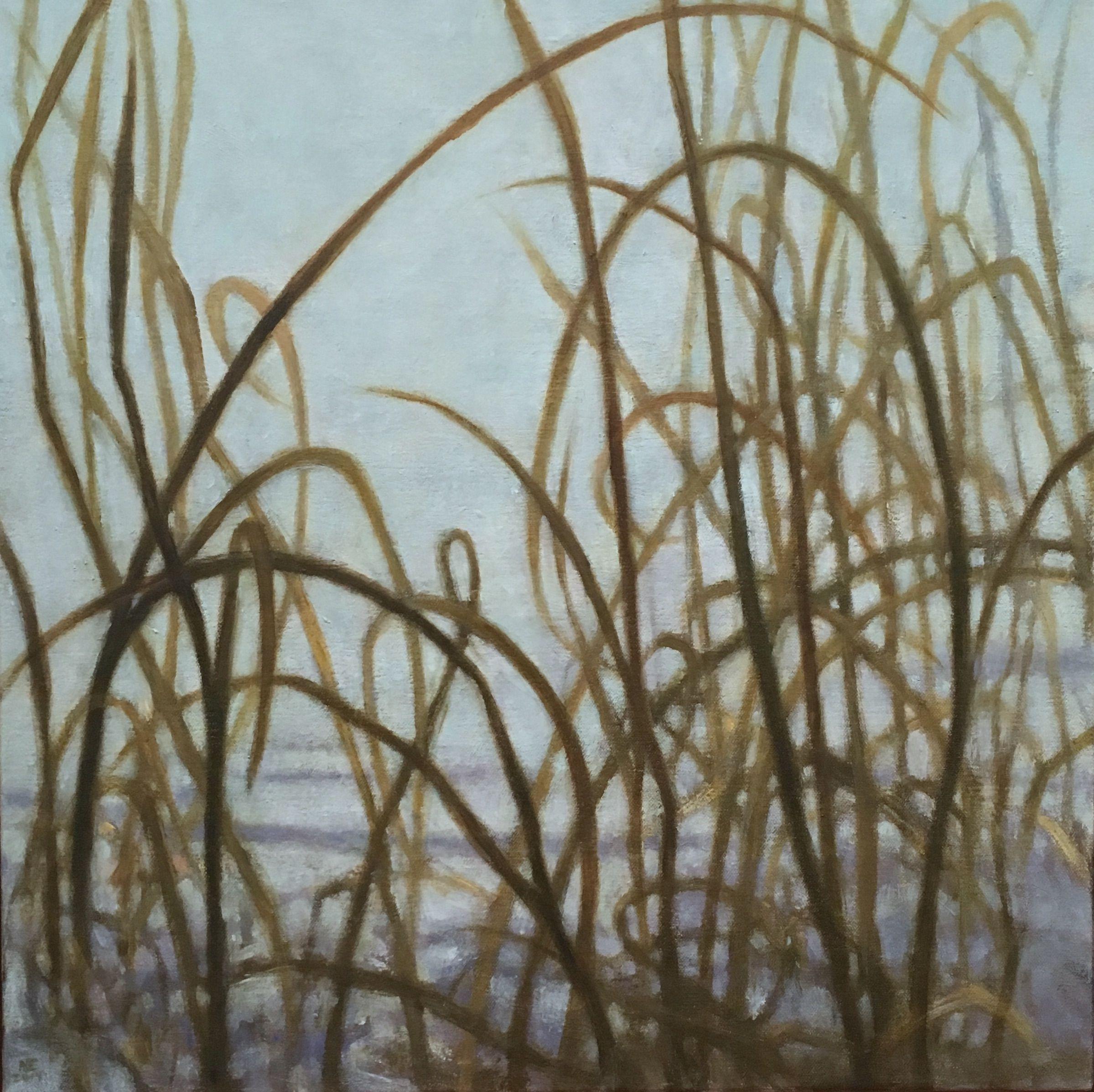 a third version of a snowy field edged in dried grass... or it could suggest a pond beyond.  I like not being too explicit and letting the viewer see their own personal landscape.  This painting continues over the edges so a frame is not required.