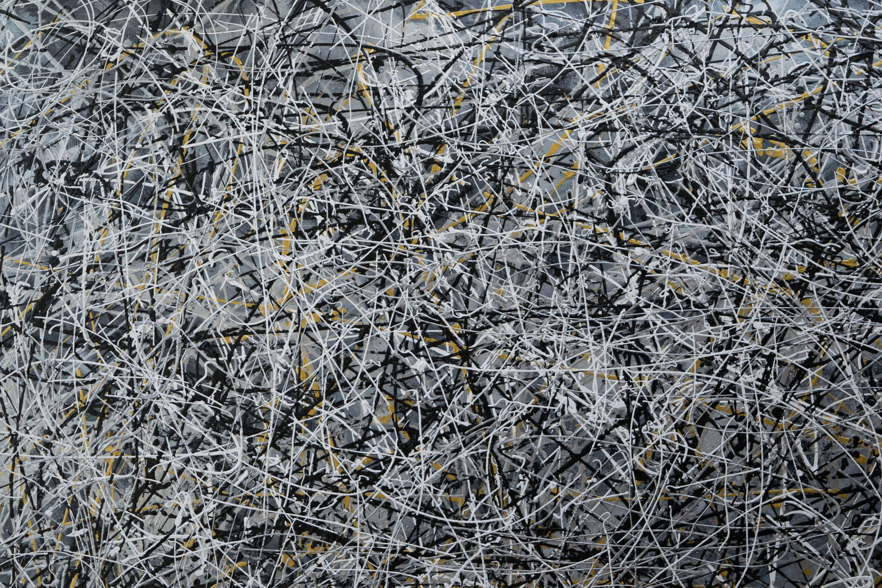 This black, silver and gold painting would make a stunning focal point for any room. The light catches the silver base paint which then shimmers and shines. Would be great for any monochrome style interior design.    There is a hidden secret to this