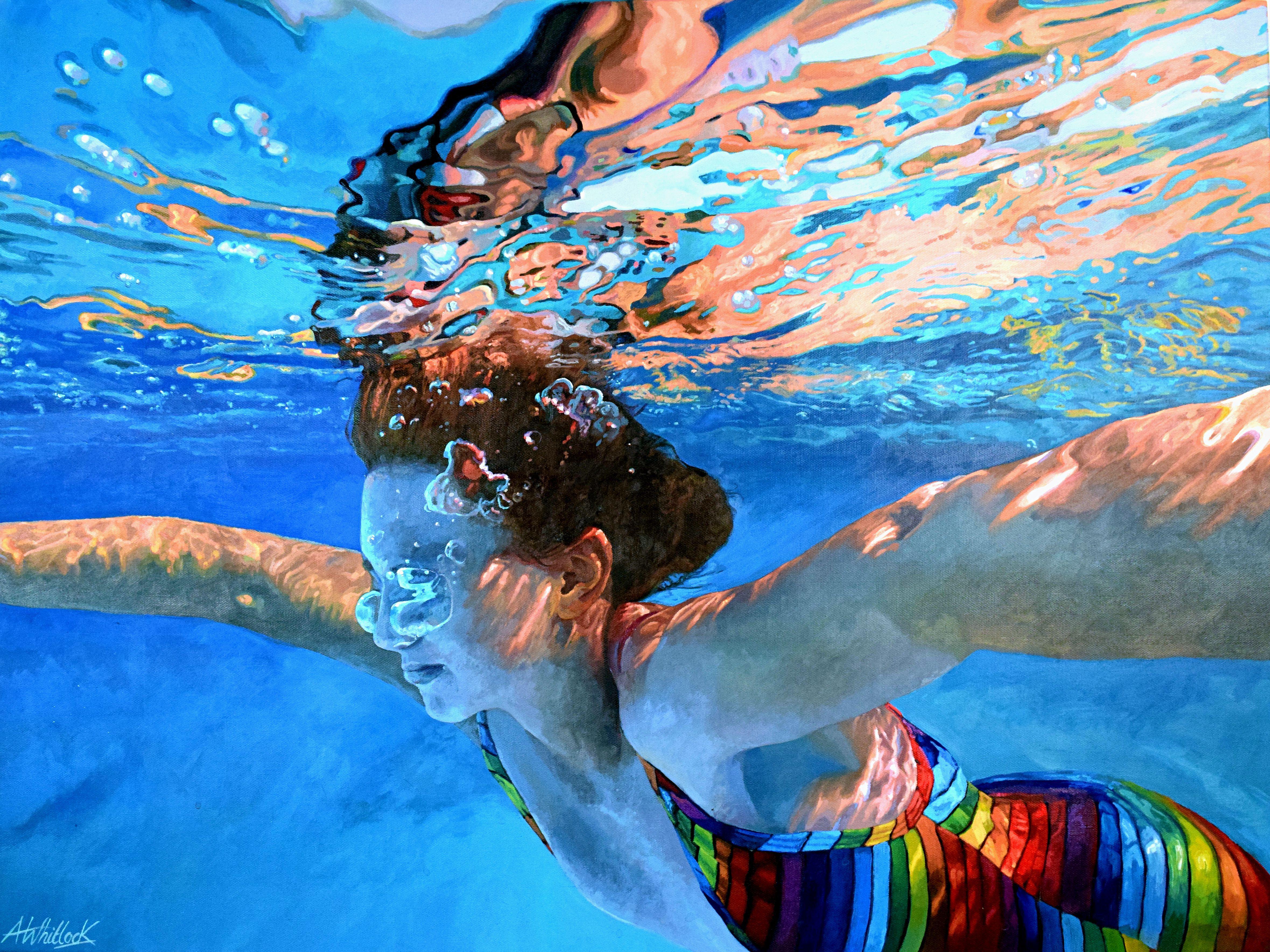 The swimmer drifts up towards the water's surface. Above her, her own image is reflected back, swirled into a thousand shades and colours.     This work is painted on a gallery-wrapped, deep-edge canvas and therefore can be hung unframed. ::