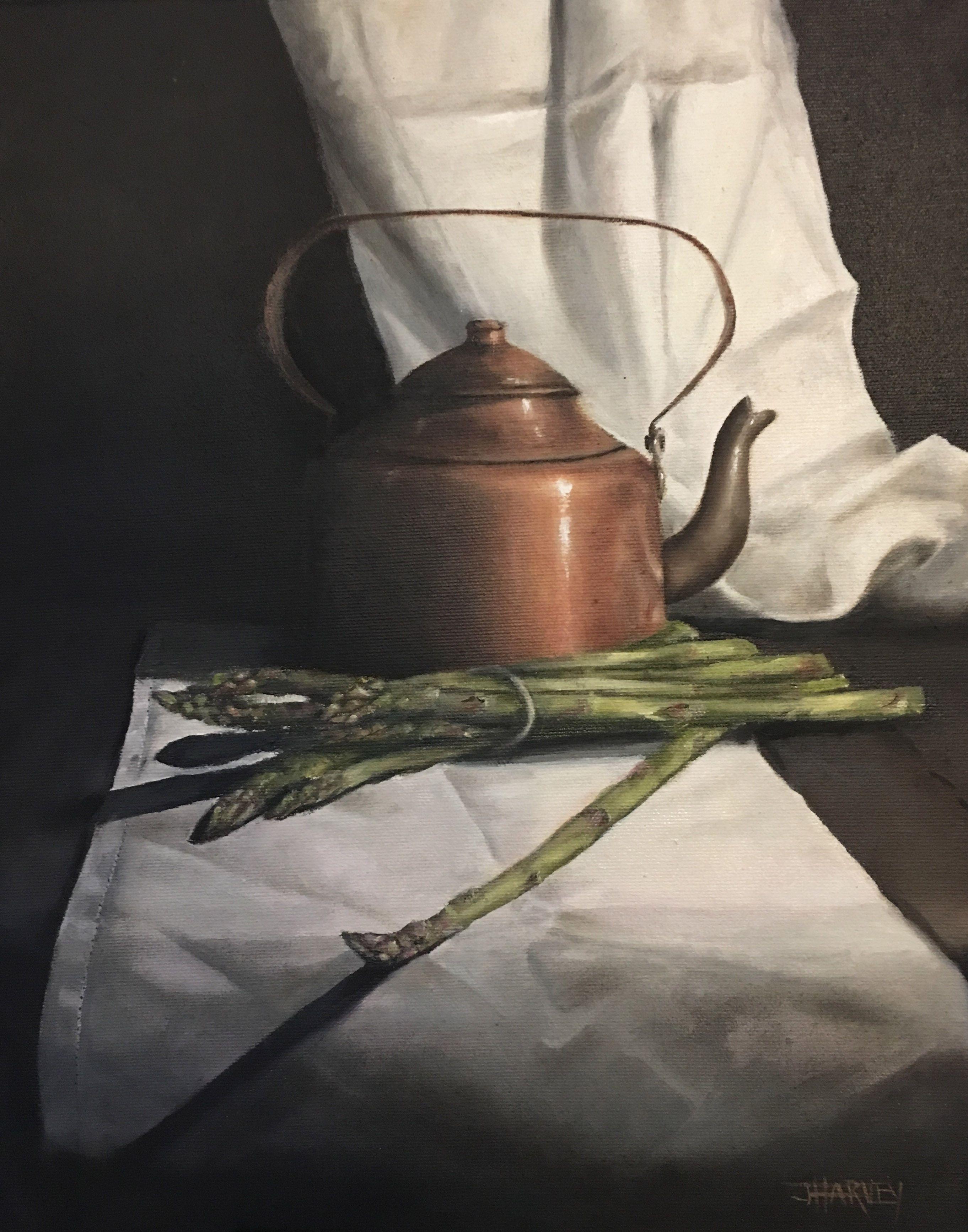 The bright copper kettle with its beautiful patina and soft background cloth create an interesting contrast in line and texture. The asparagus lends a natural element and leads us gracefully into and out of the painting. A serene still life with a