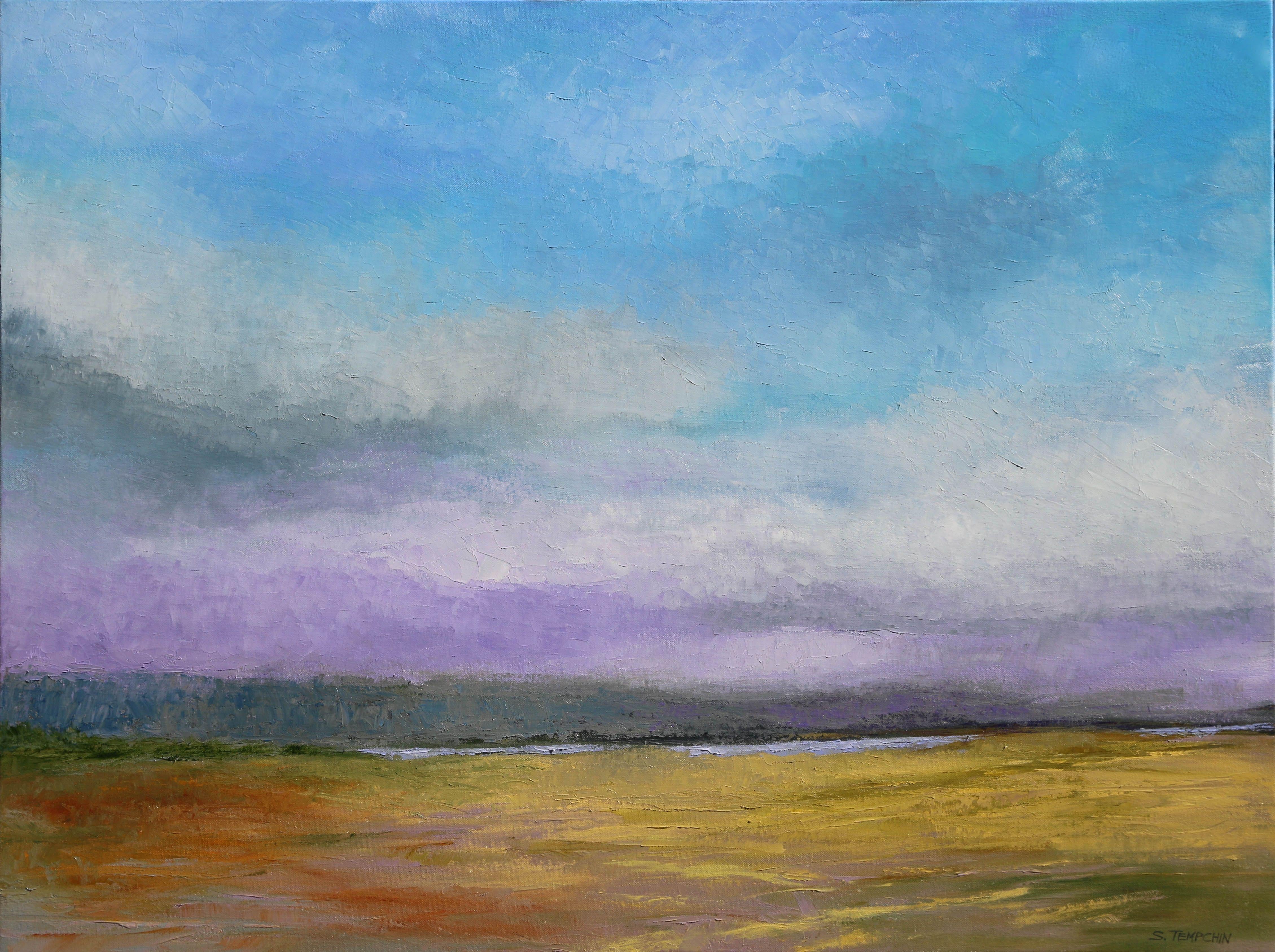 A moody,  clouded sky dominates this view across golden plains toward distant hills and a barely glimpsed river.  :: Painting :: Contemporary :: This piece comes with an official certificate of authenticity signed by the artist :: Ready to Hang: Yes